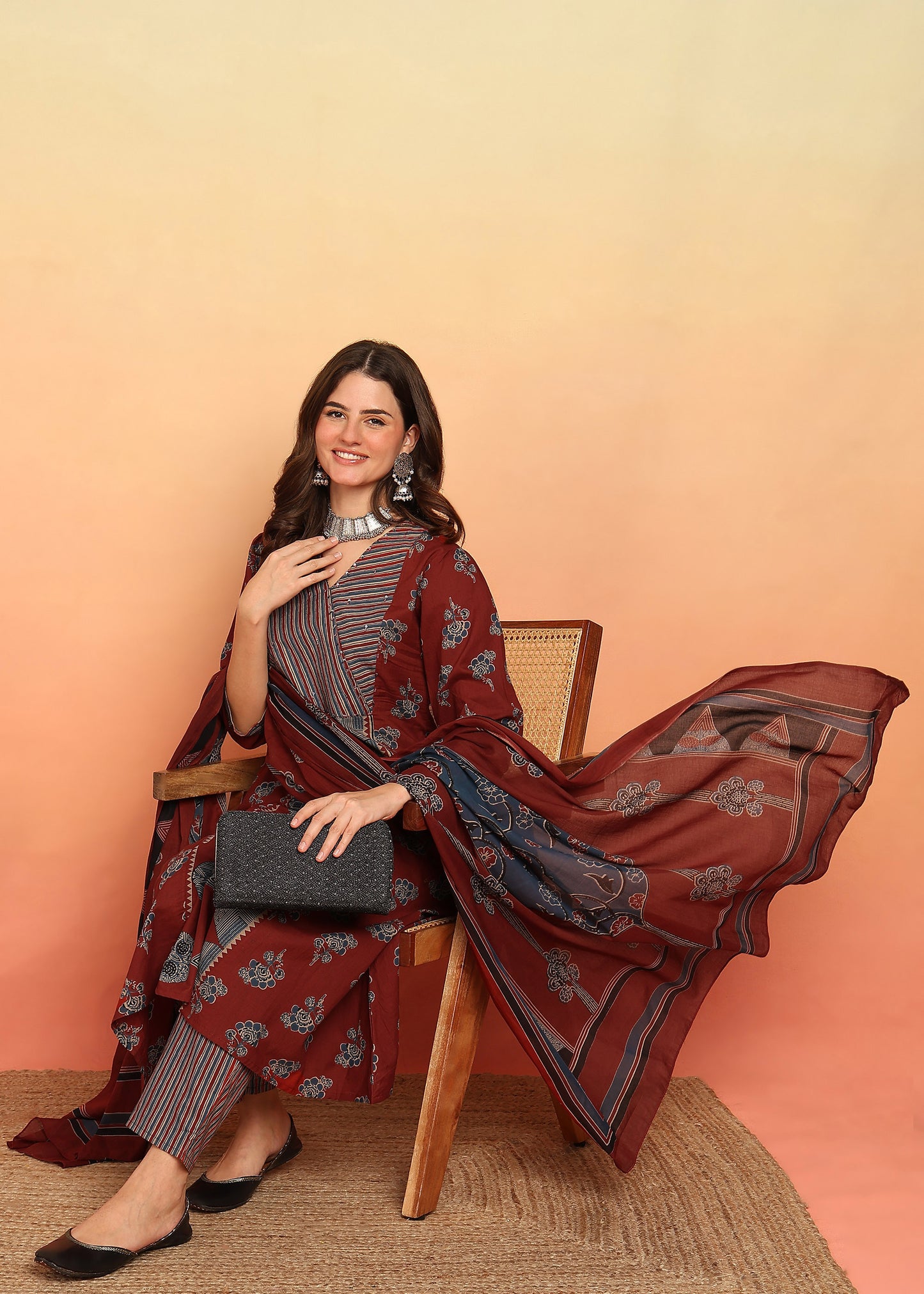 Maroon Floral Printed A-Line Cotton Stitched Kurta, Pant With Dupatta