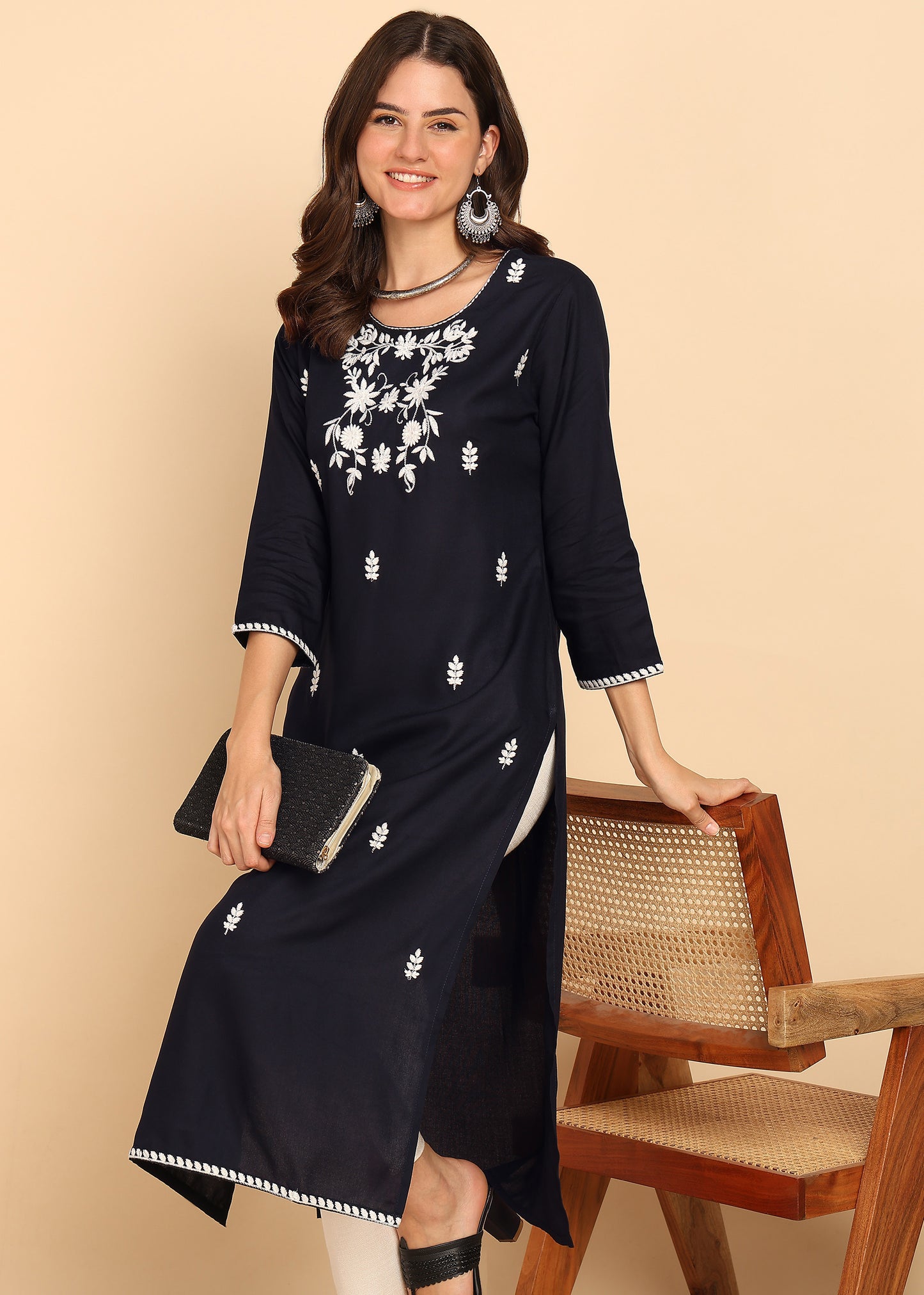 Black Solid Straight Rayon Stitched Kurta