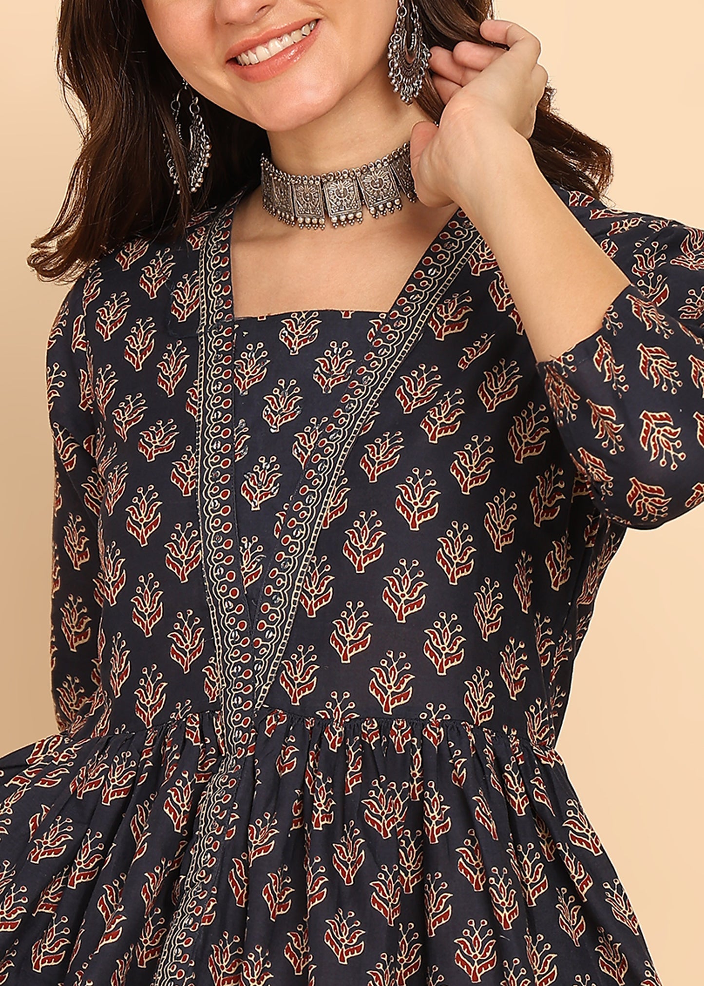 Black Floral Printed Fit And Flare Cotton Stitched Dress