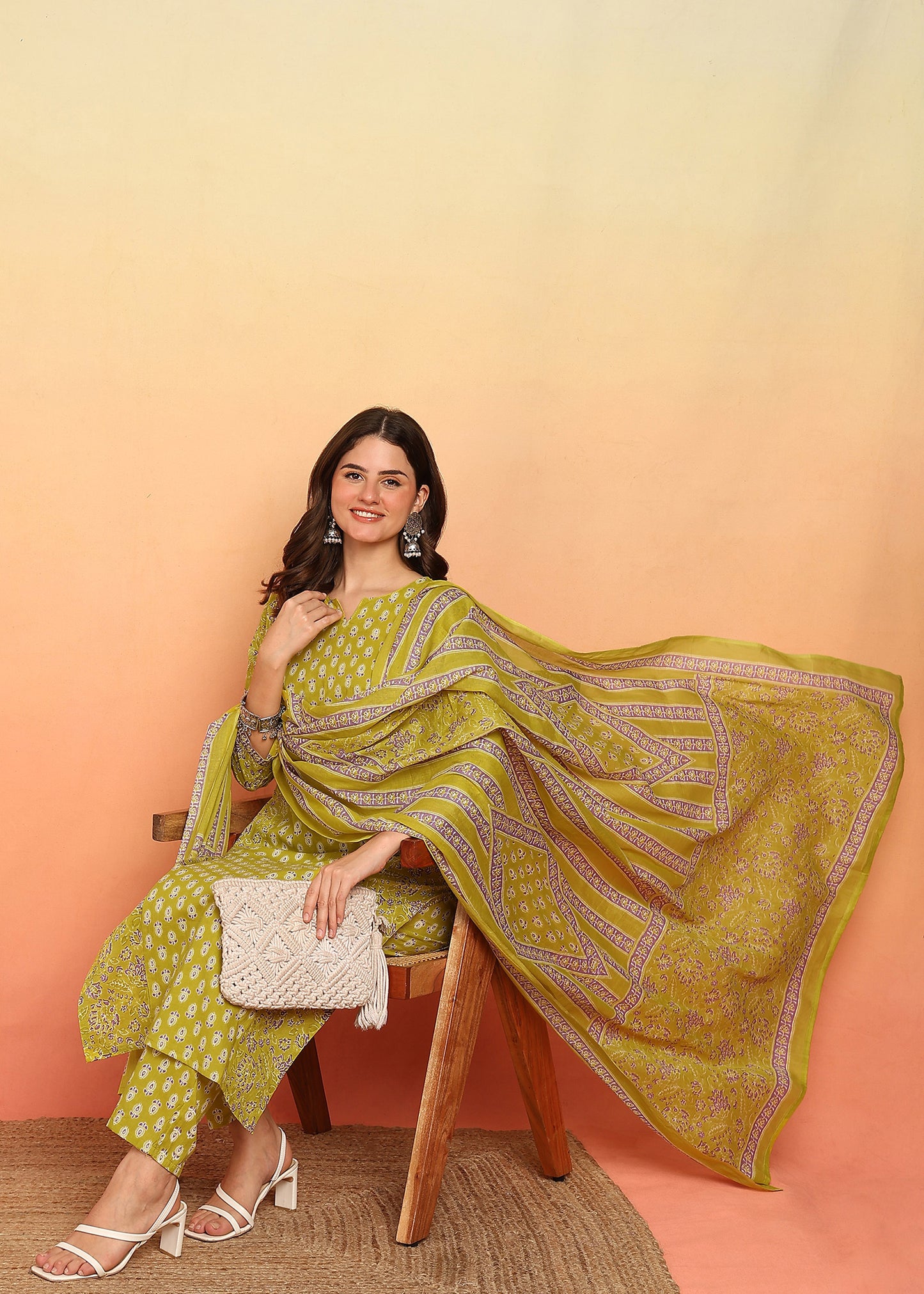 Mustard Floral Printed Straight Cotton Stitched Kurta Set