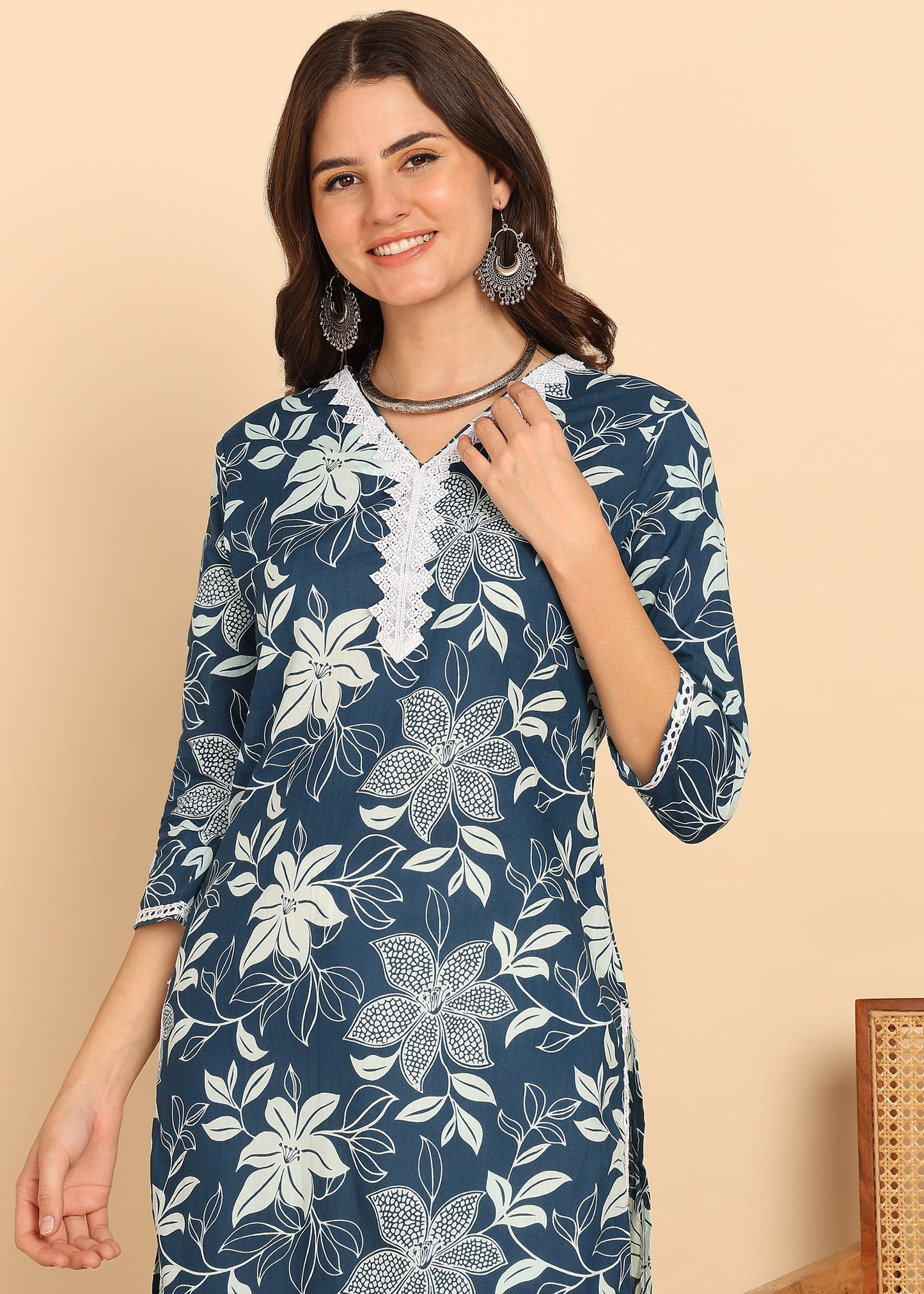 Peacock Floral Printed Straight Cotton Stitched Kurta