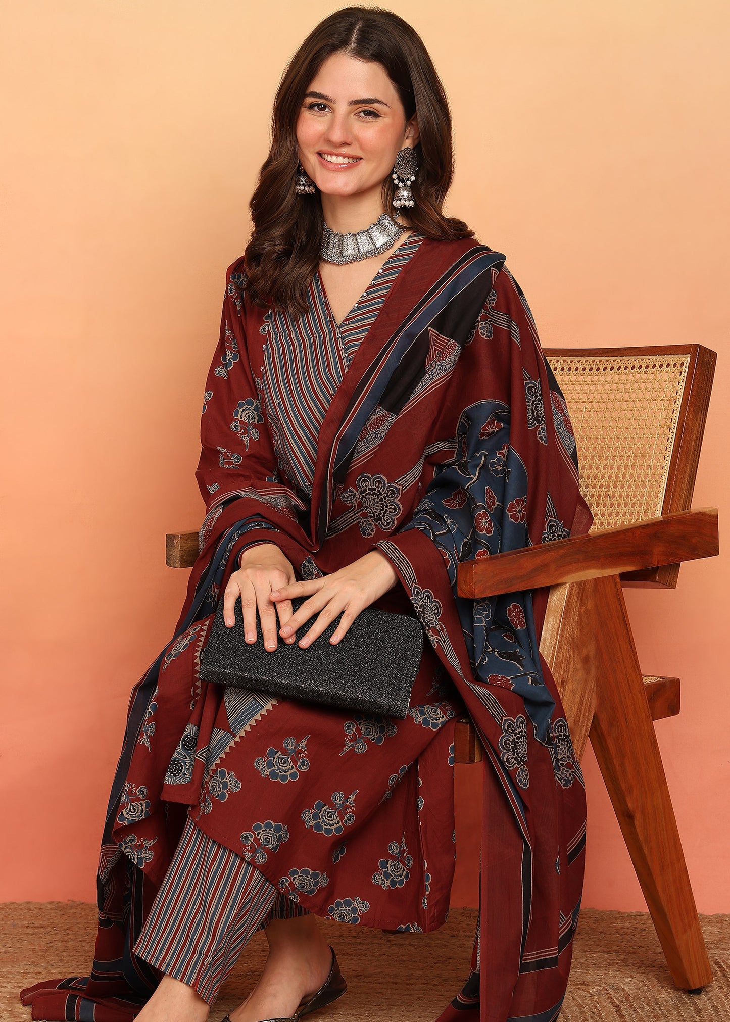 Maroon Floral Printed A-Line Cotton Stitched Kurta, Pant With Dupatta