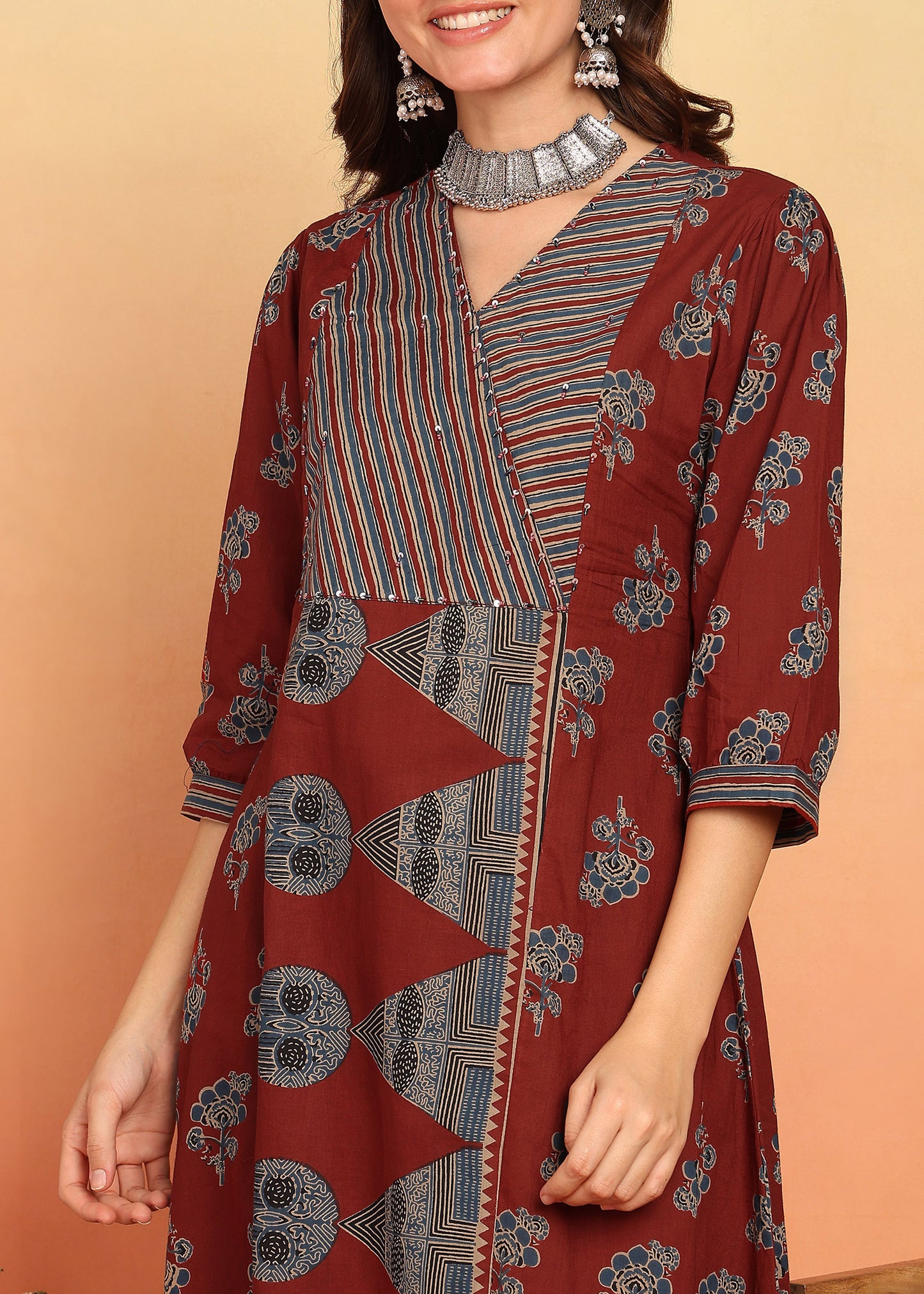 Maroon Floral Printed A-Line Cotton Stitched Kurta, Pant With Dupatta