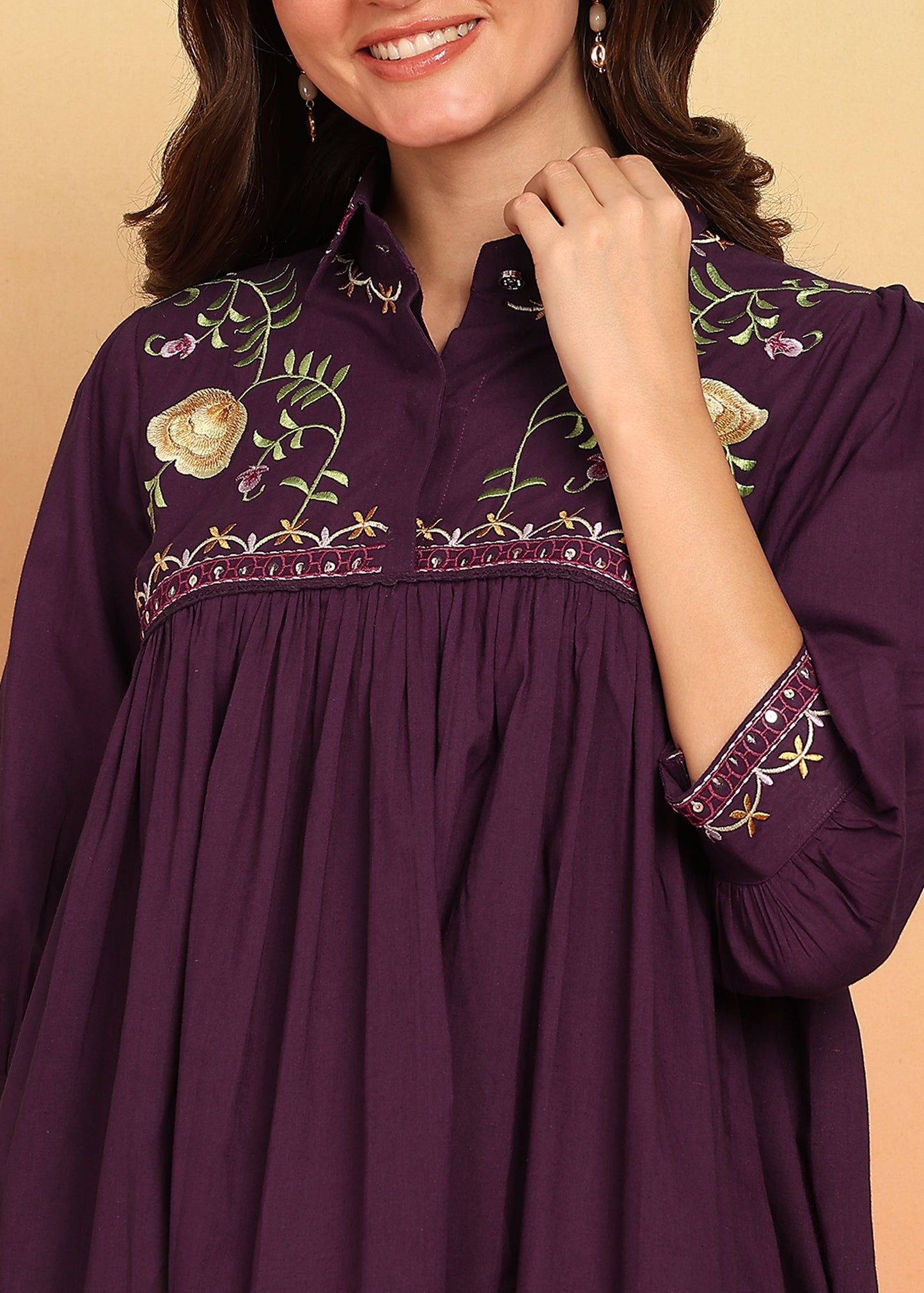 Dark Purple Solid With Embroidery Flare Cotton Stitched Dress
