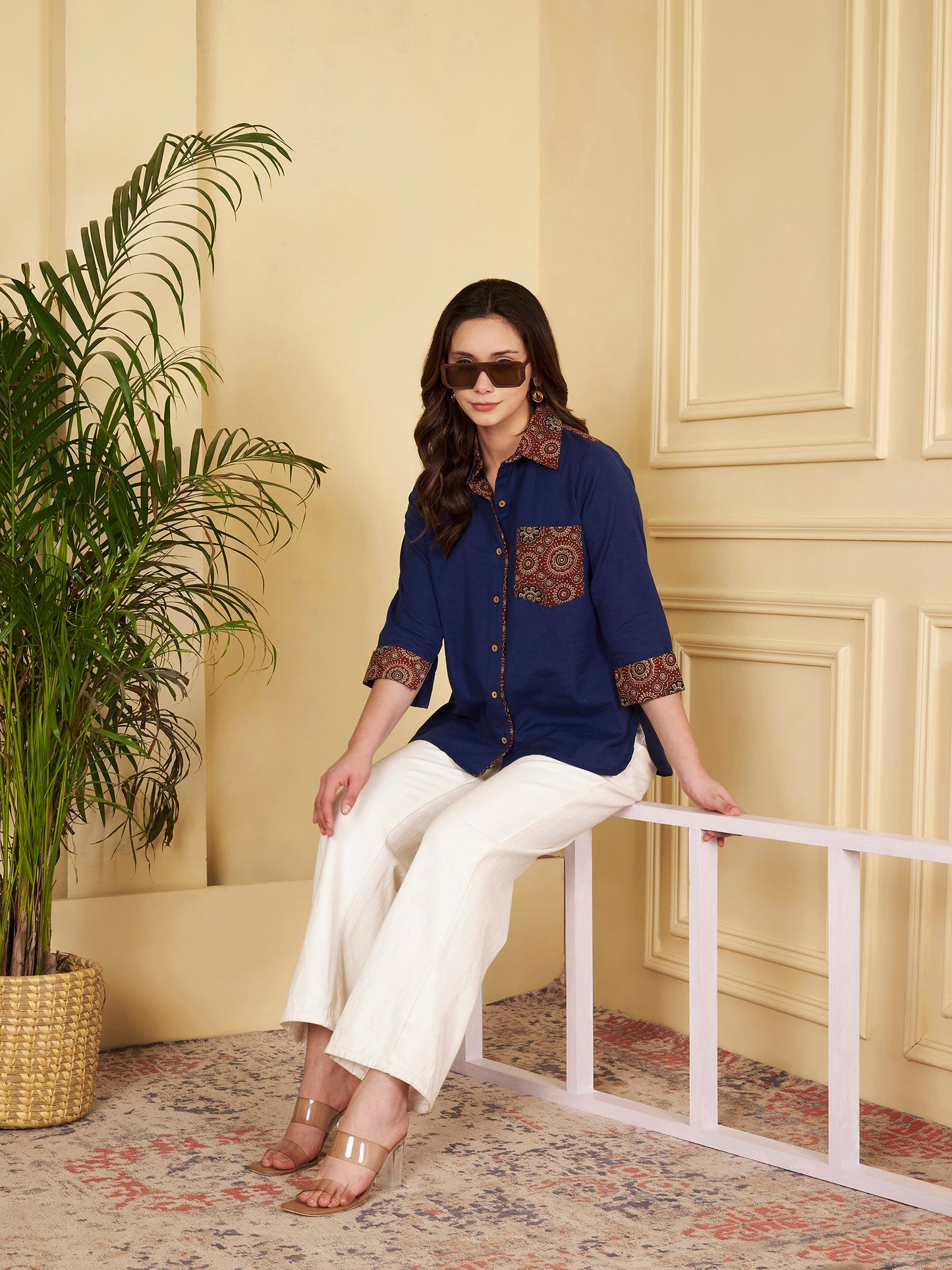 Blue Solid Straight Cotton Flex Stitched Top