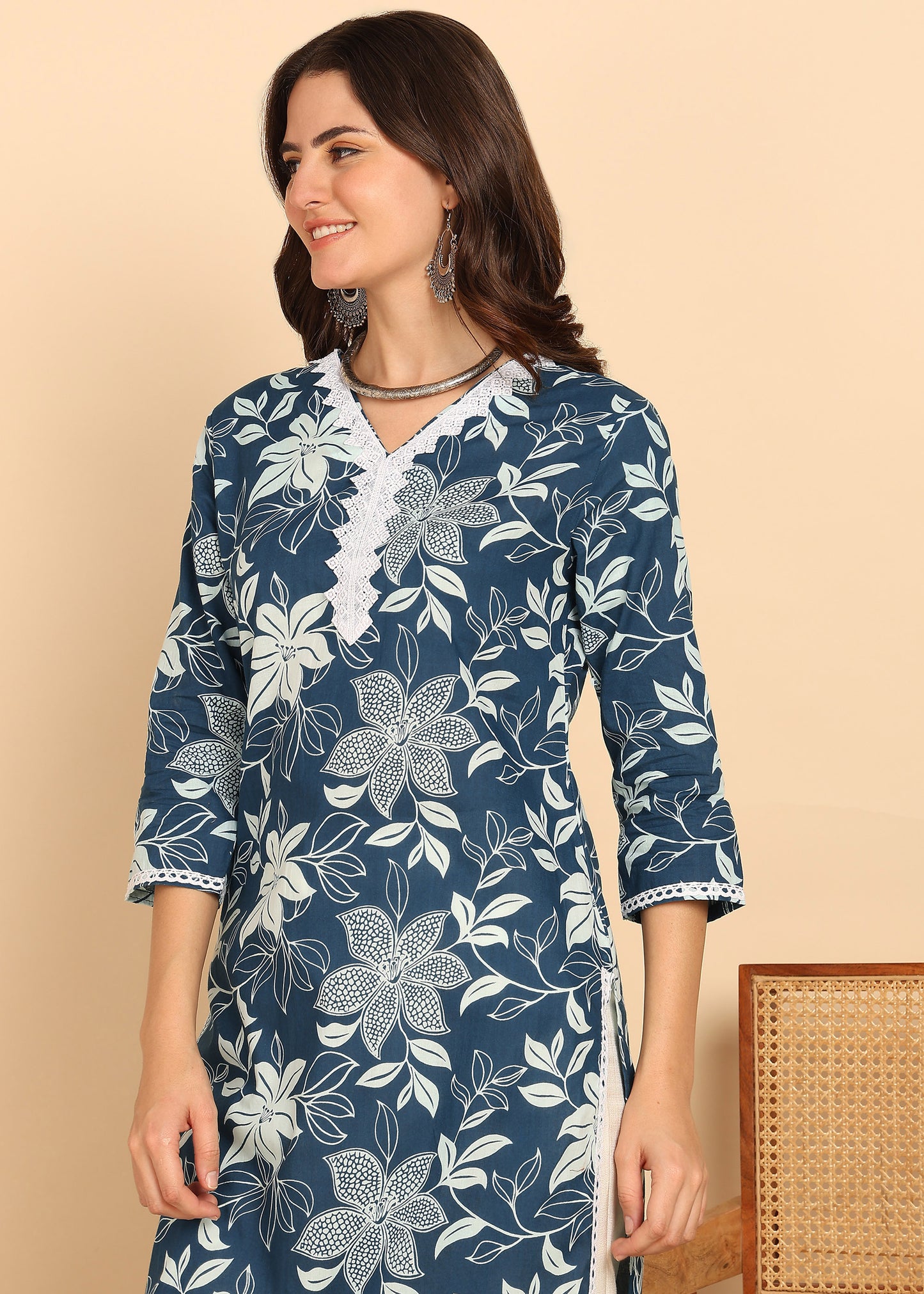 Peacock Floral Printed Straight Cotton Stitched Kurta