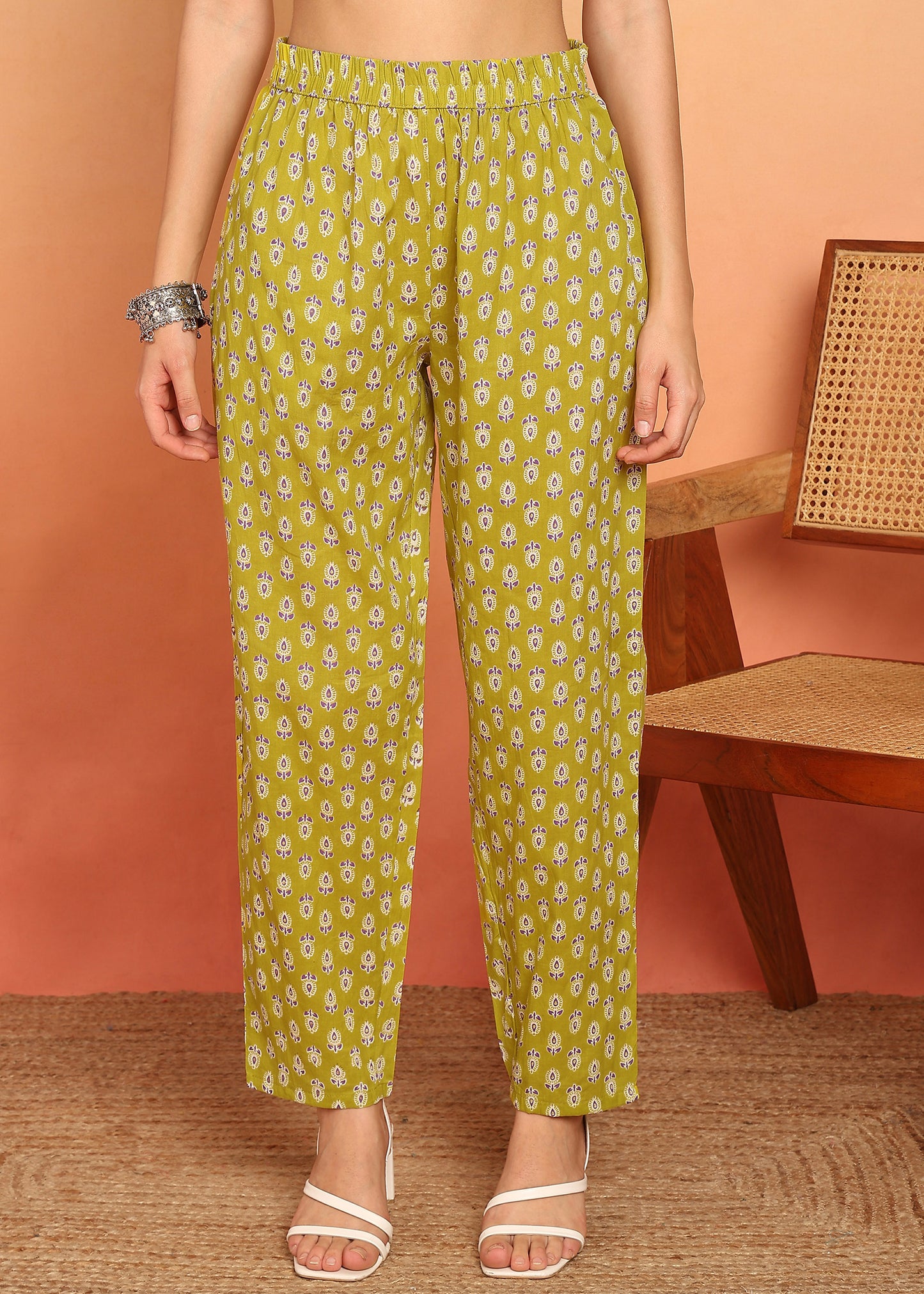 Mustard Floral Printed Straight Cotton Stitched Kurta Set