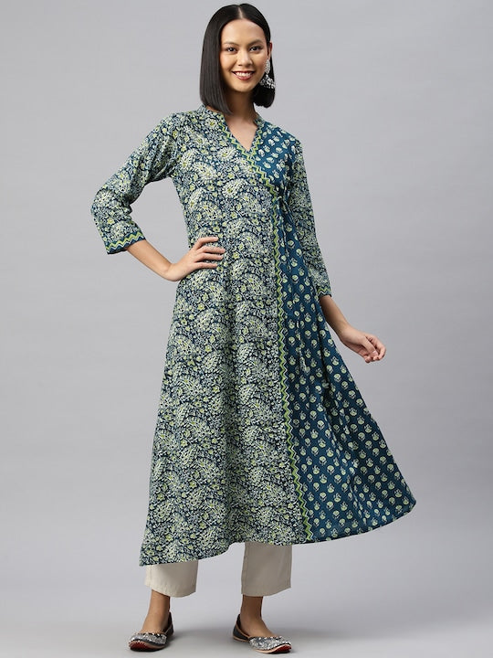 Aqua Embroidered A-Line Cotton Kurta