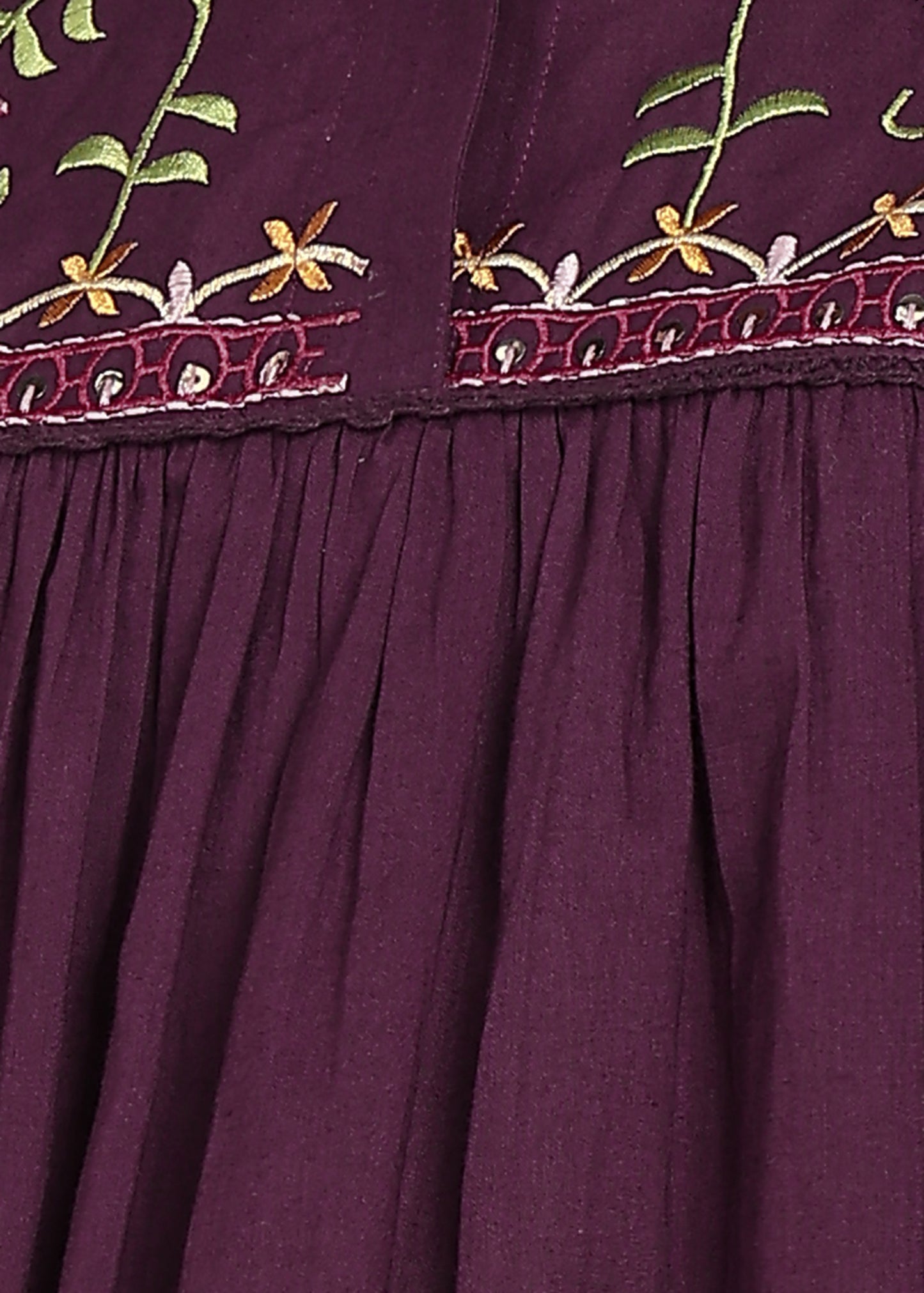 Dark Purple Solid With Embroidery Flare Cotton Stitched Dress