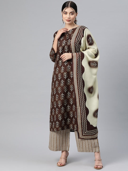 Brown Embroidered Straight Cotton Kurta Set