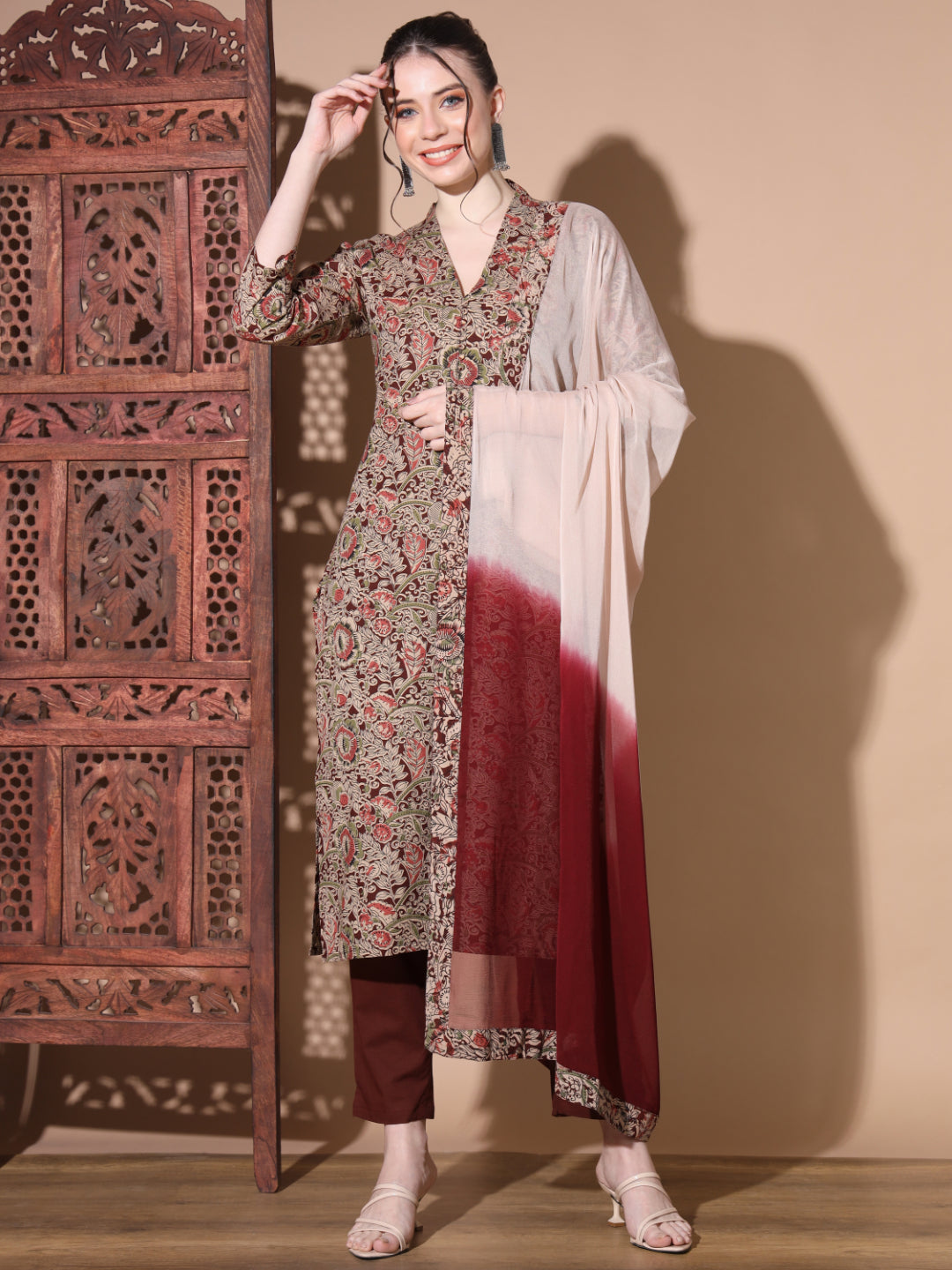Maroon Kalamkari Cotton Kurta Set