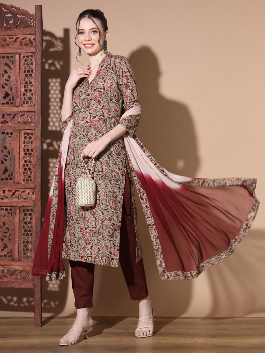 Maroon Kalamkari Cotton Kurta Set