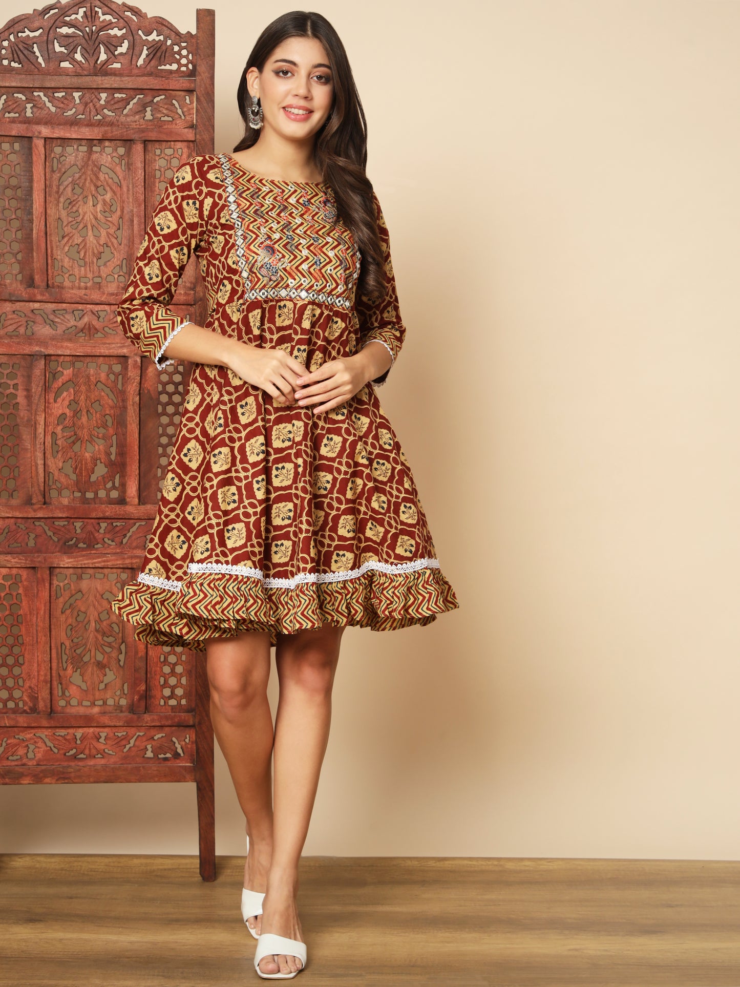 Maroon Cotton Flared Dress