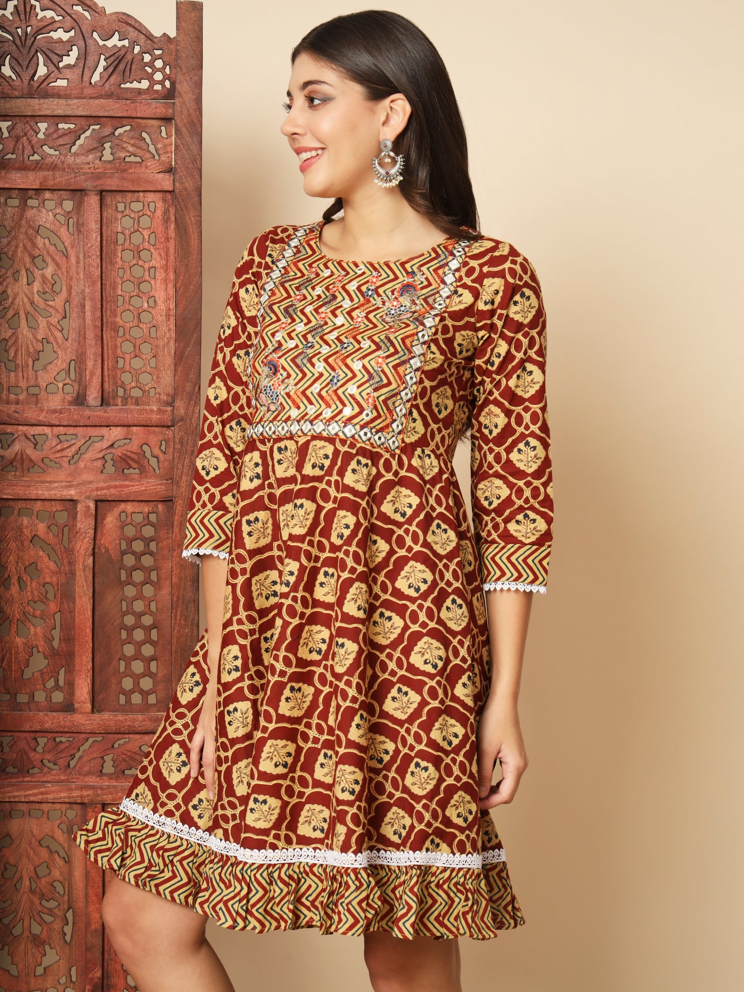 Maroon Cotton Flared Dress
