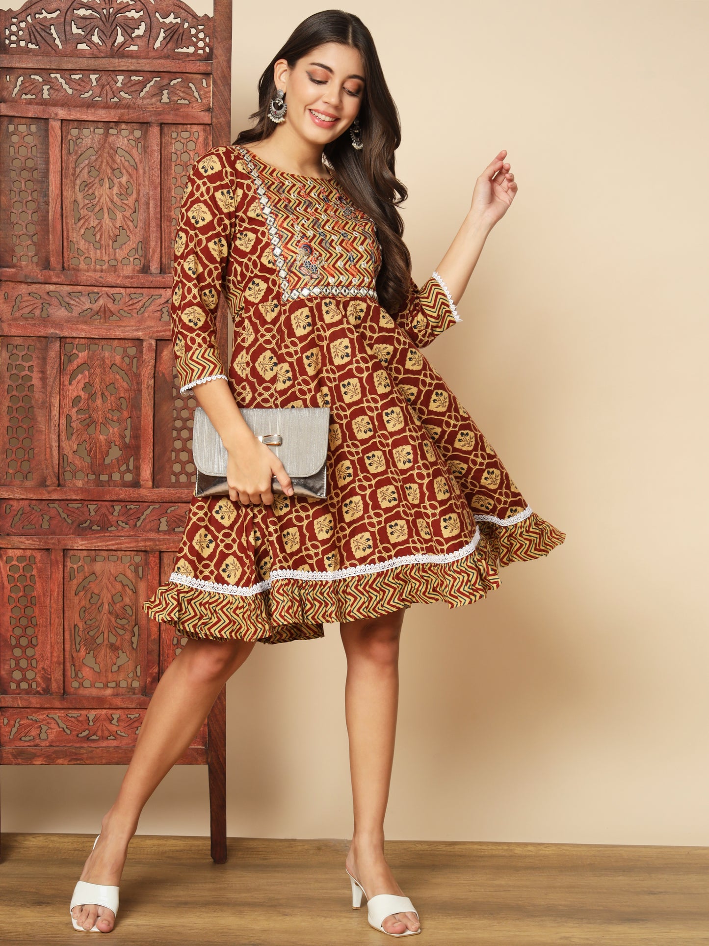Maroon Cotton Flared Dress