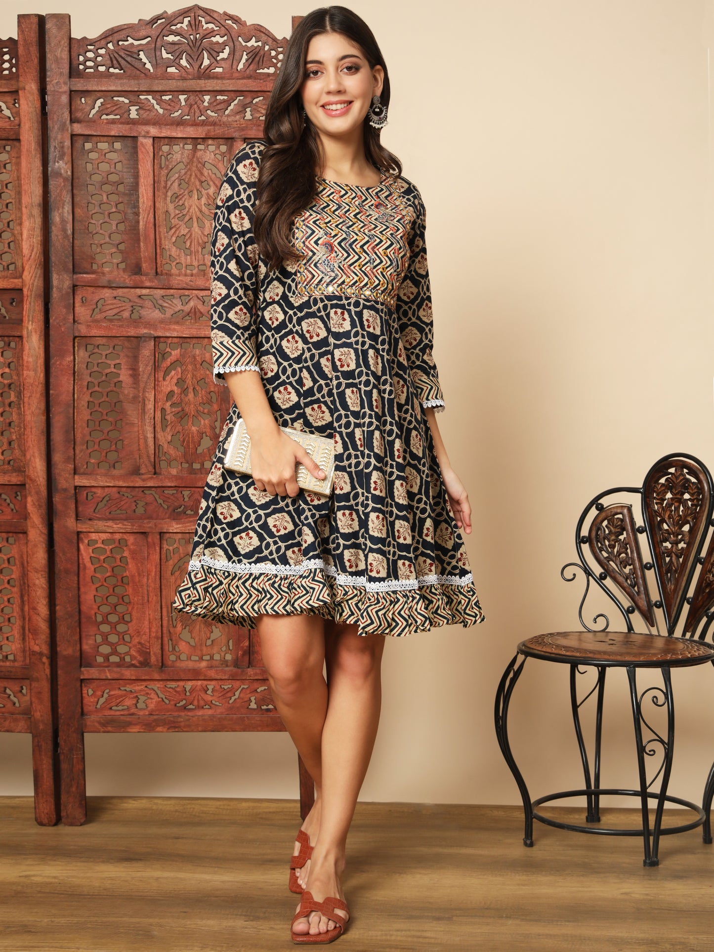 Blue Cotton Flared Dress