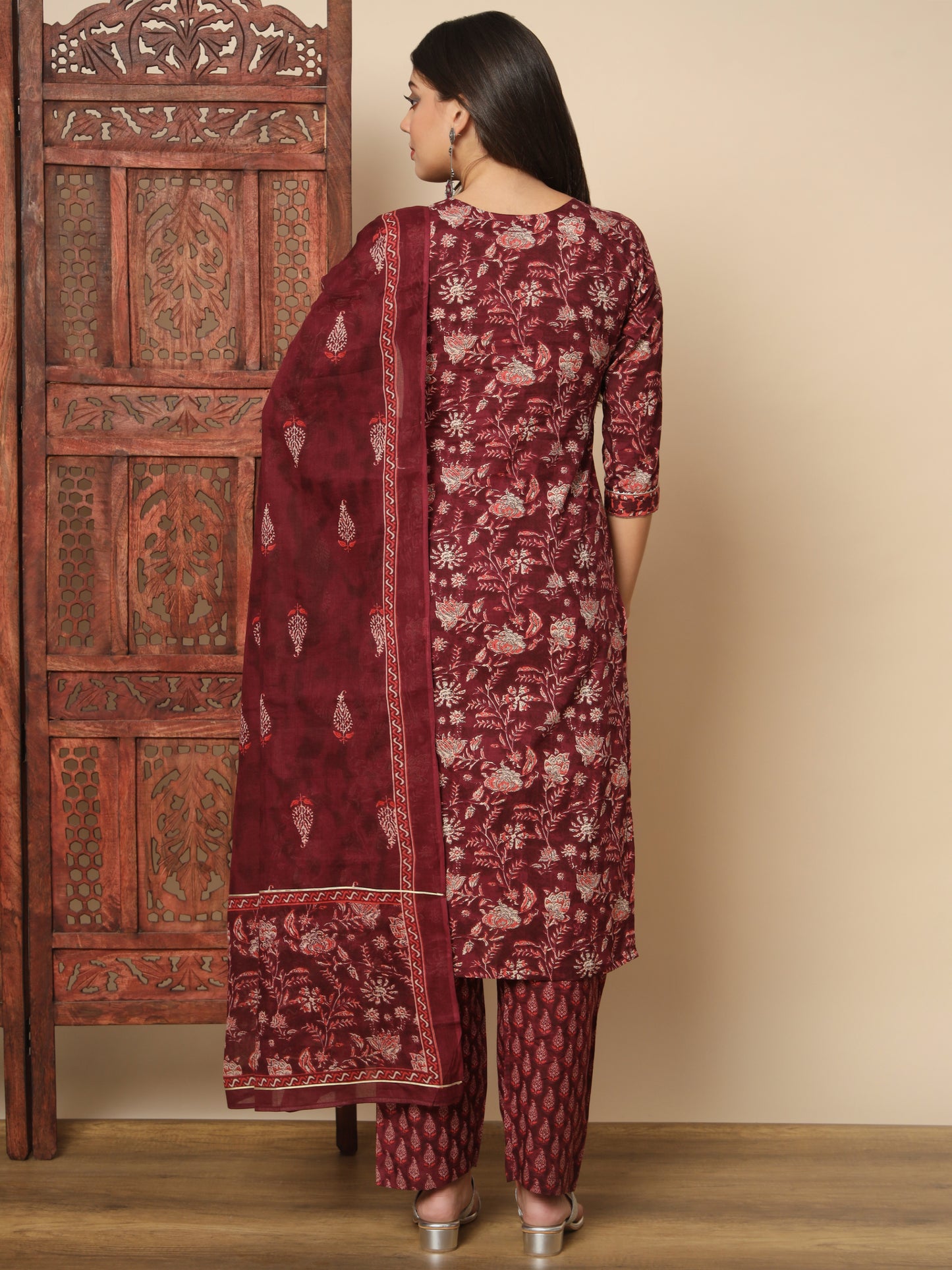 Maroon Cotton Straight Kurta Set