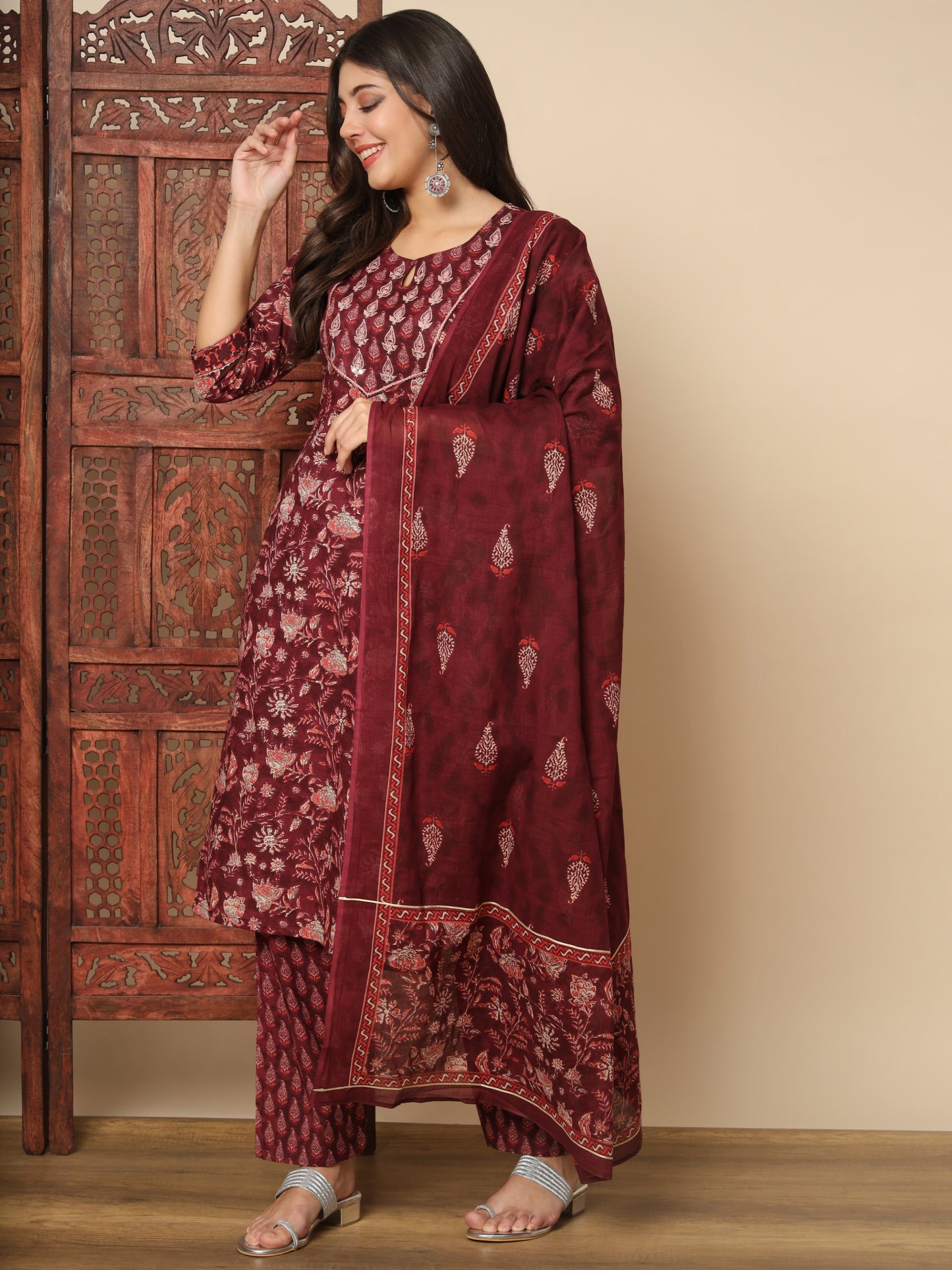 Maroon Cotton Straight Kurta Set