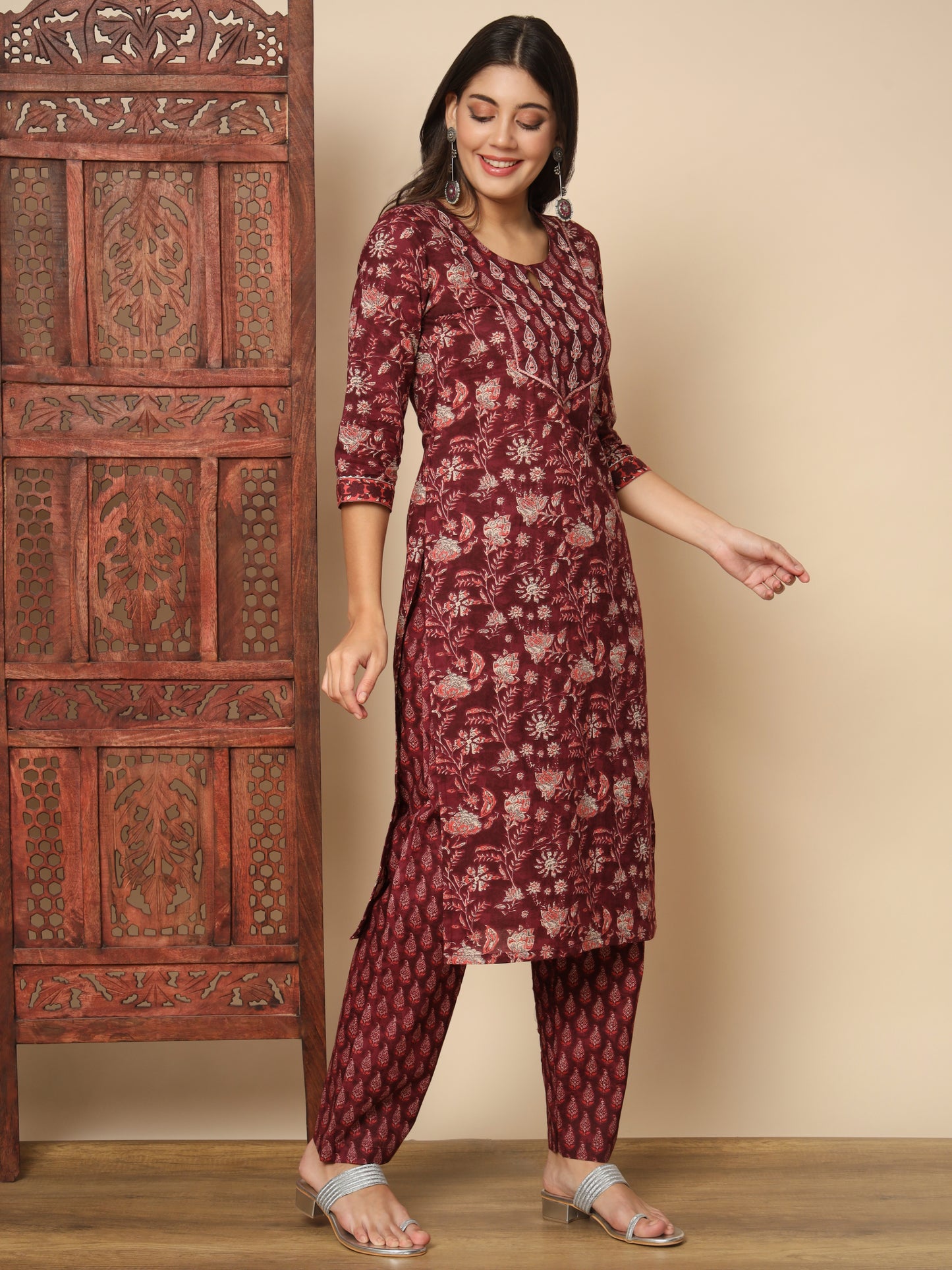 Maroon Cotton Straight Kurta Set