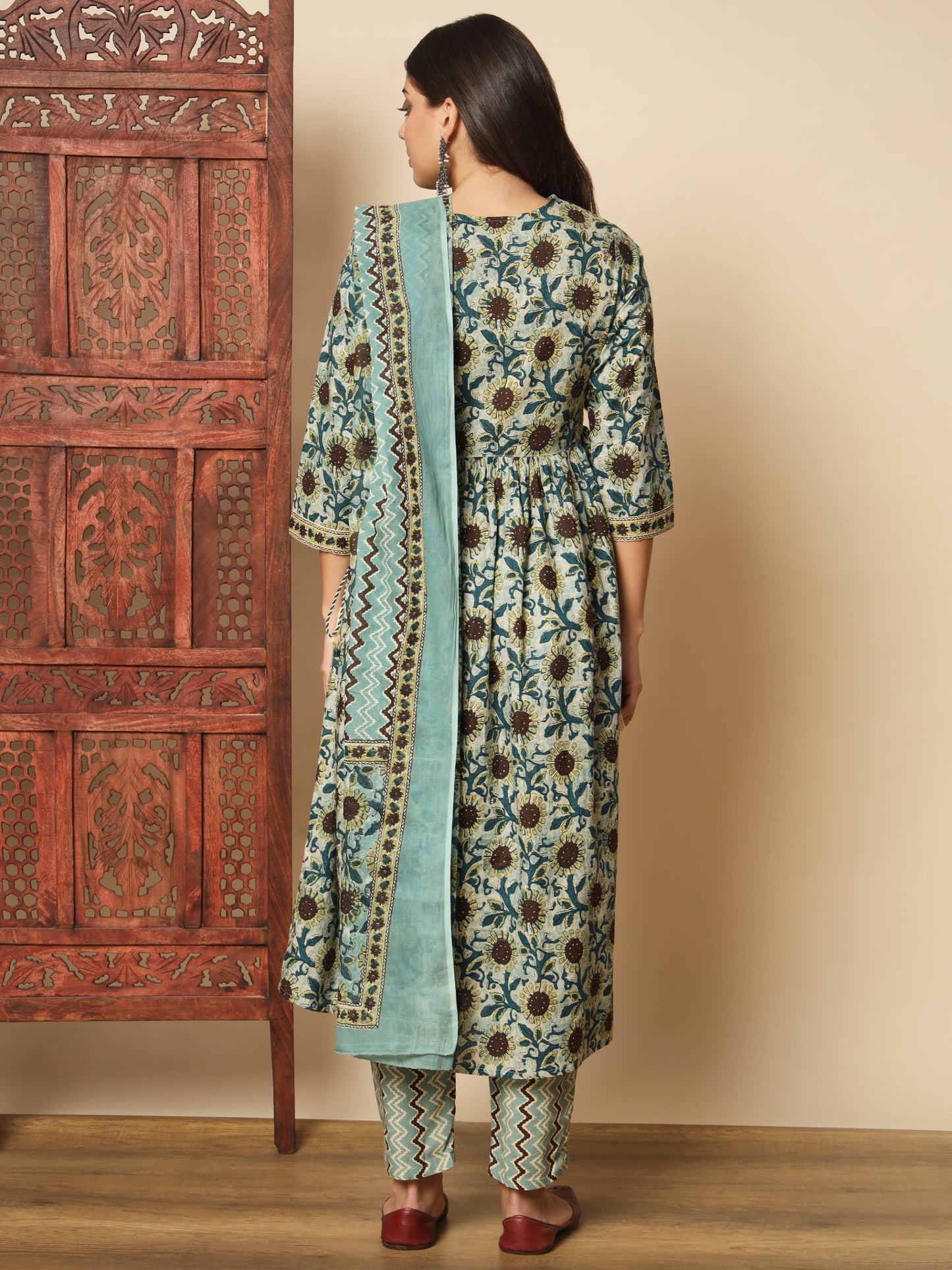 Teal Green Cotton Flared Kurta Set