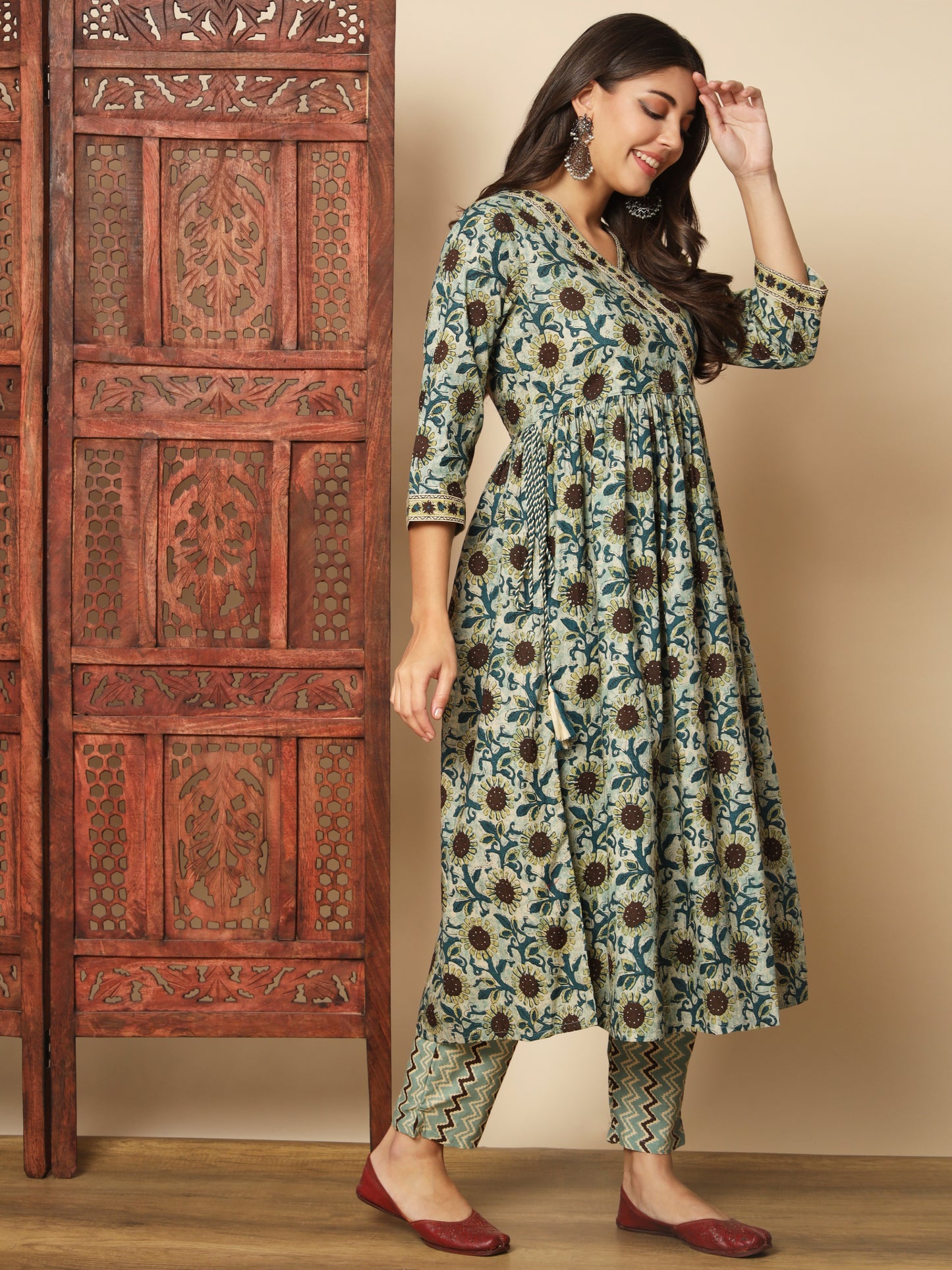 Teal Green Cotton Flared Kurta Set