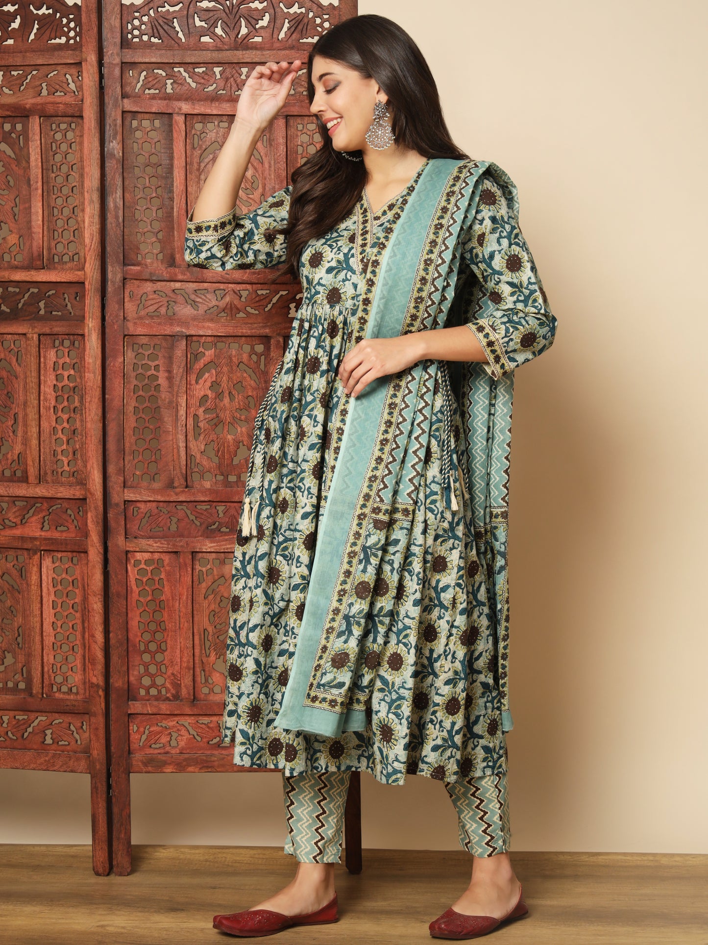 Teal Green Cotton Flared Kurta Set