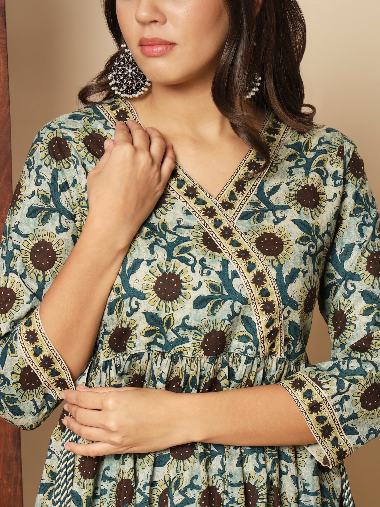 Teal Green Cotton Flared Kurta Set