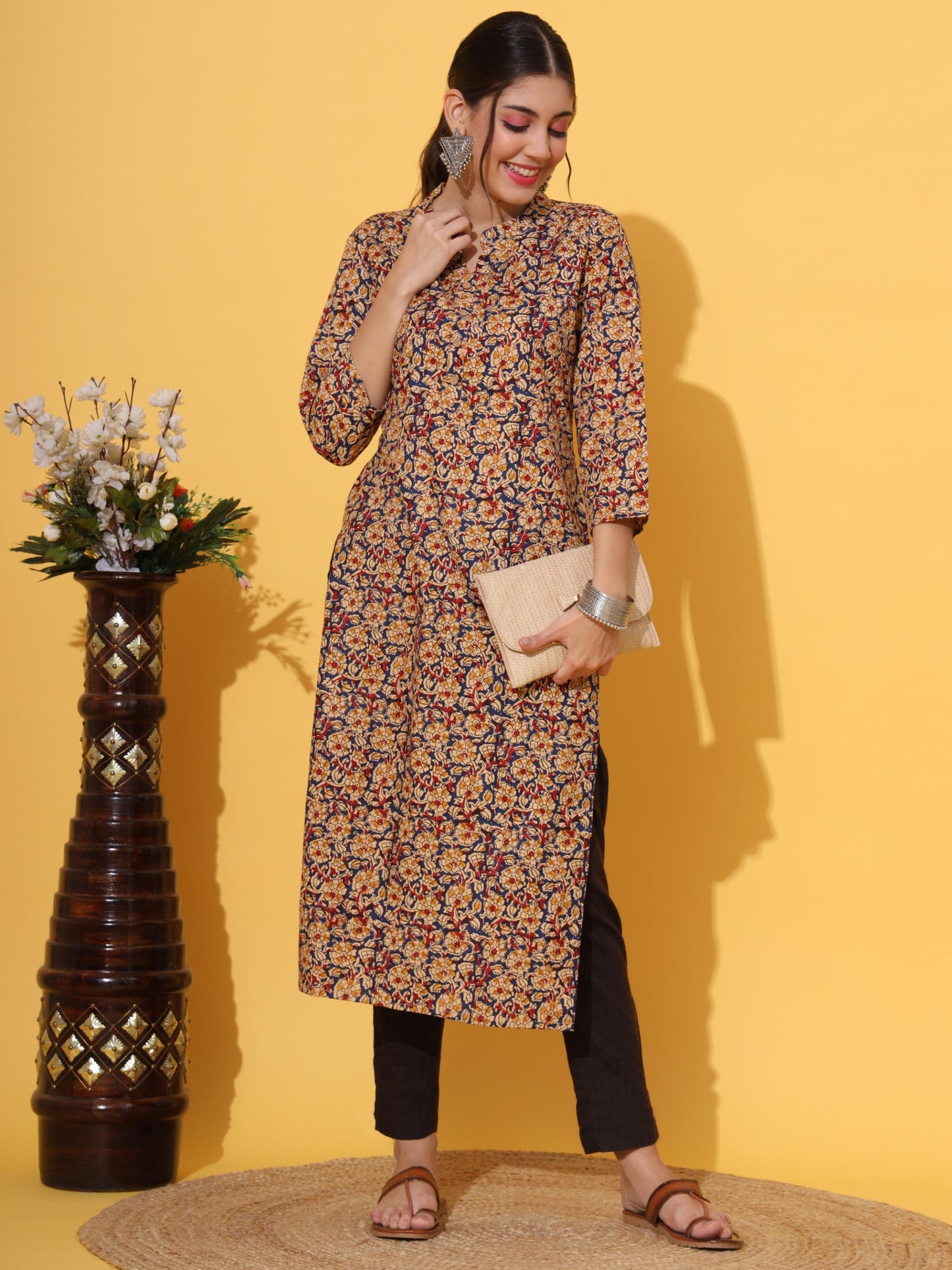 Blue Printed Straight Cotton Kurta