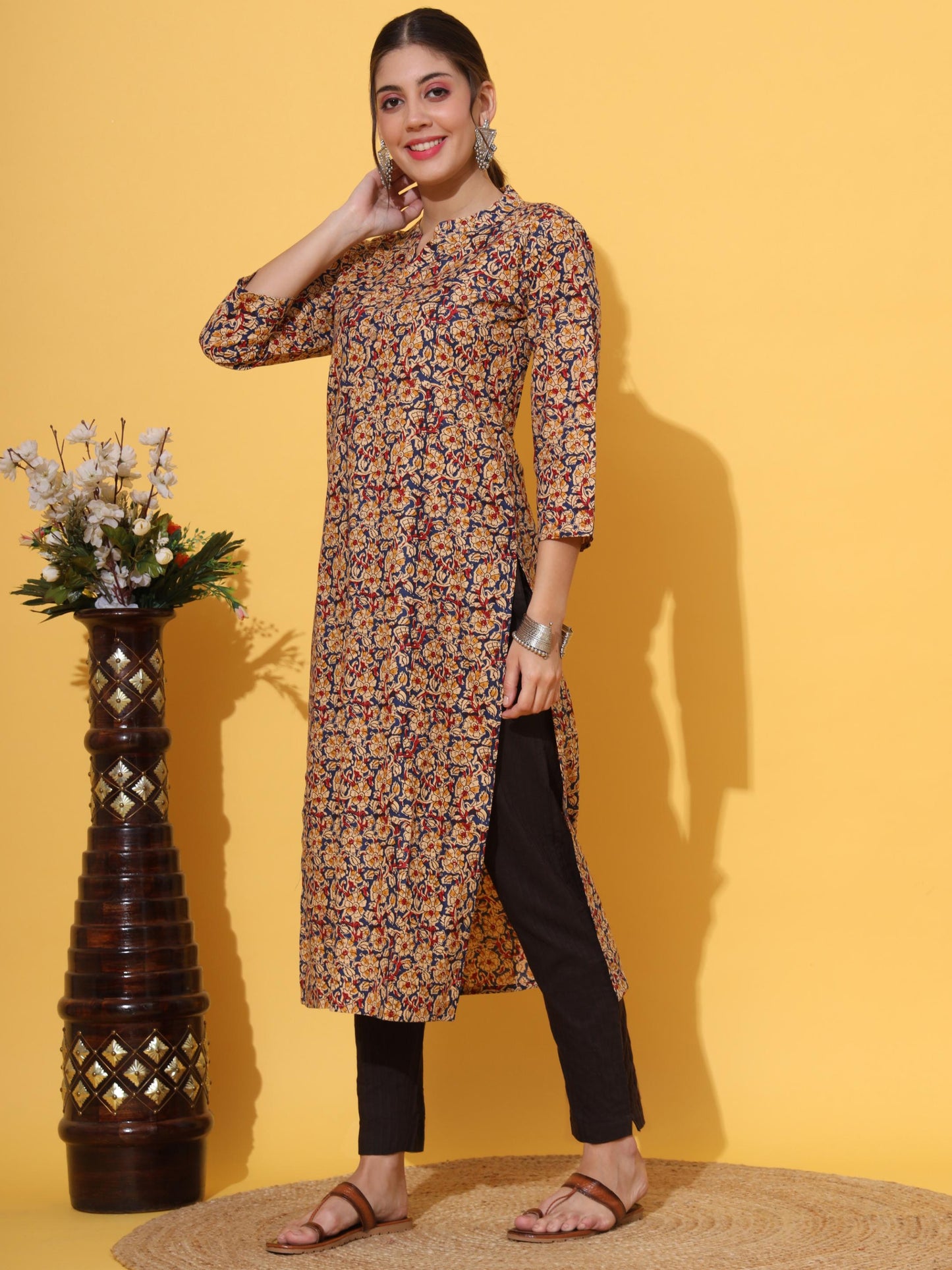 Blue Printed Straight Cotton Kurta
