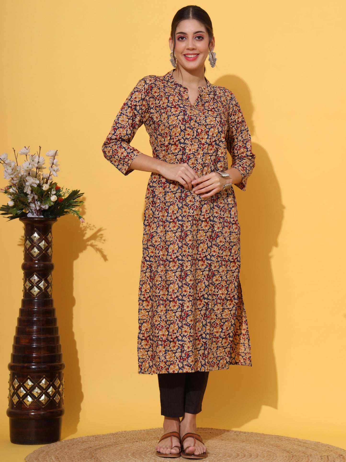 Blue Printed Straight Cotton Kurta