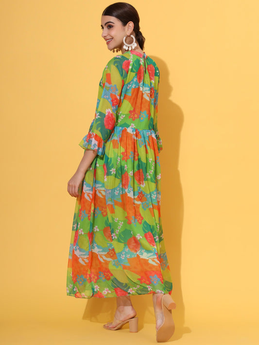 Green Printed Flared Chiffon Dress