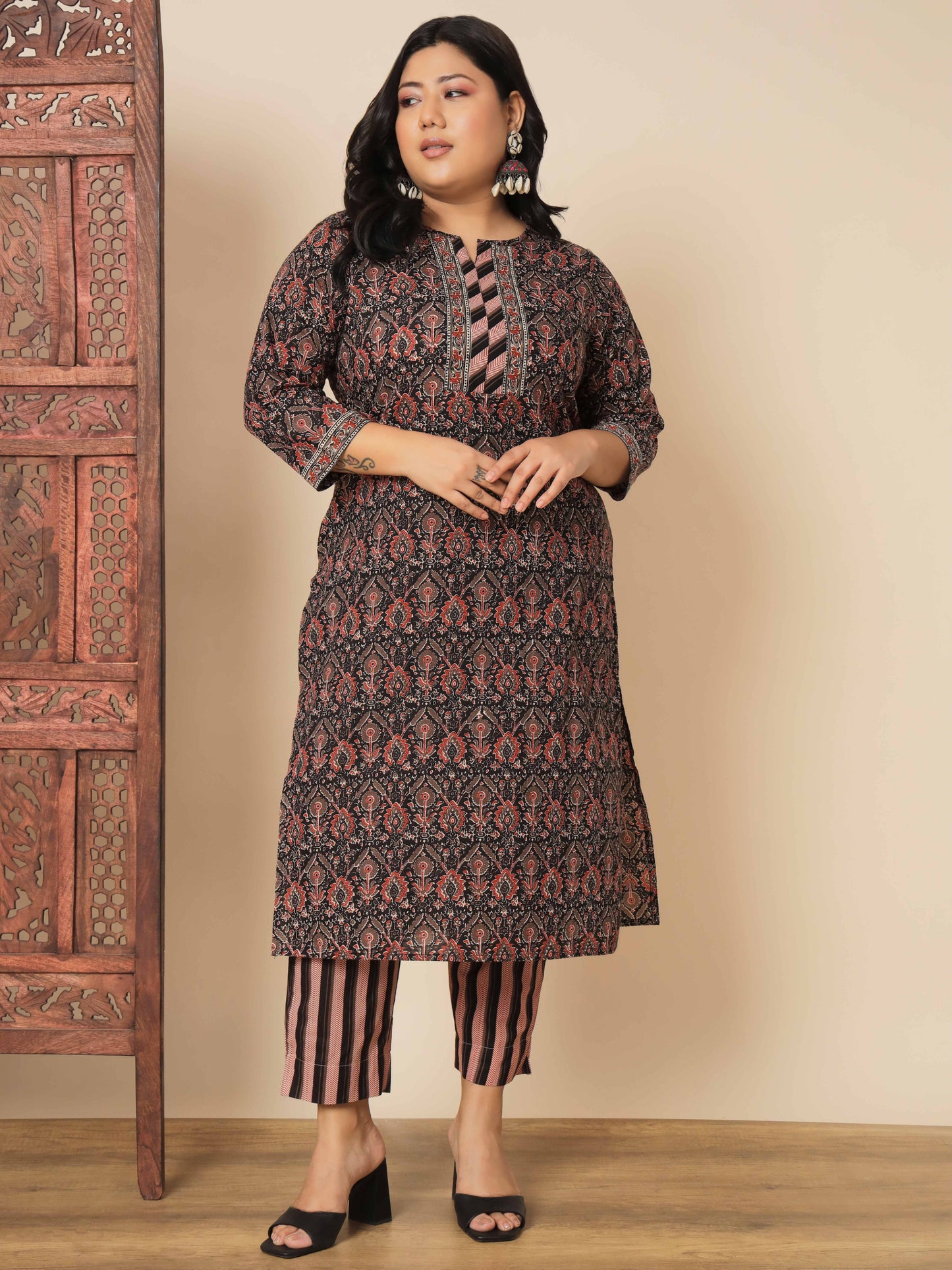 Brown Cotton Straight Kurta Set