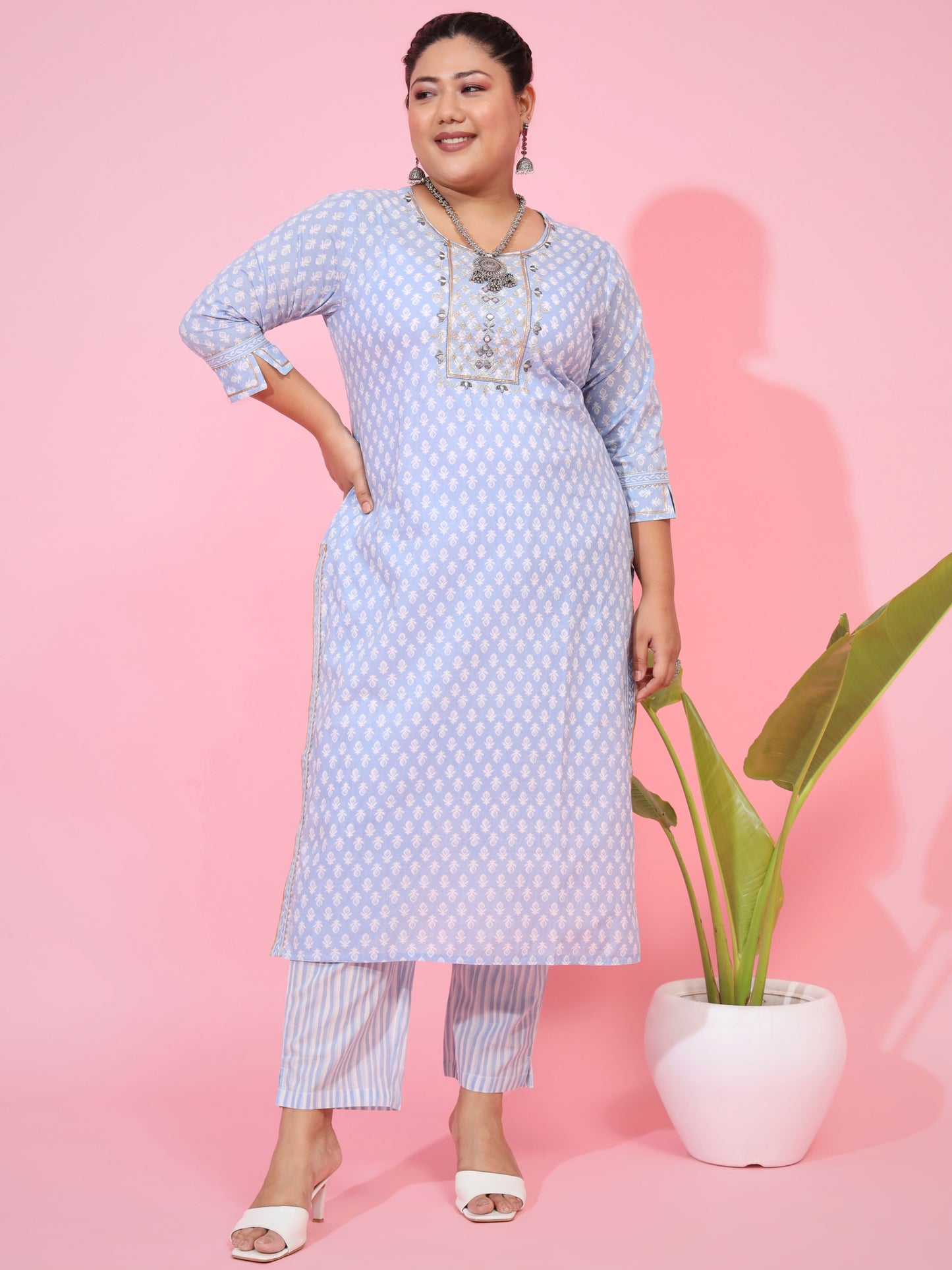Sky blue Cotton Straight Kurta Set