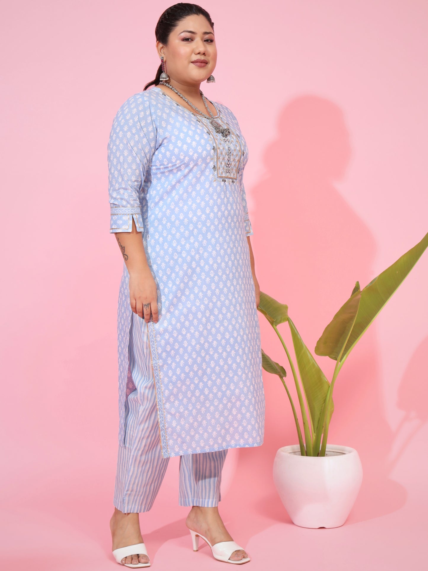Sky blue Cotton Straight Kurta Set