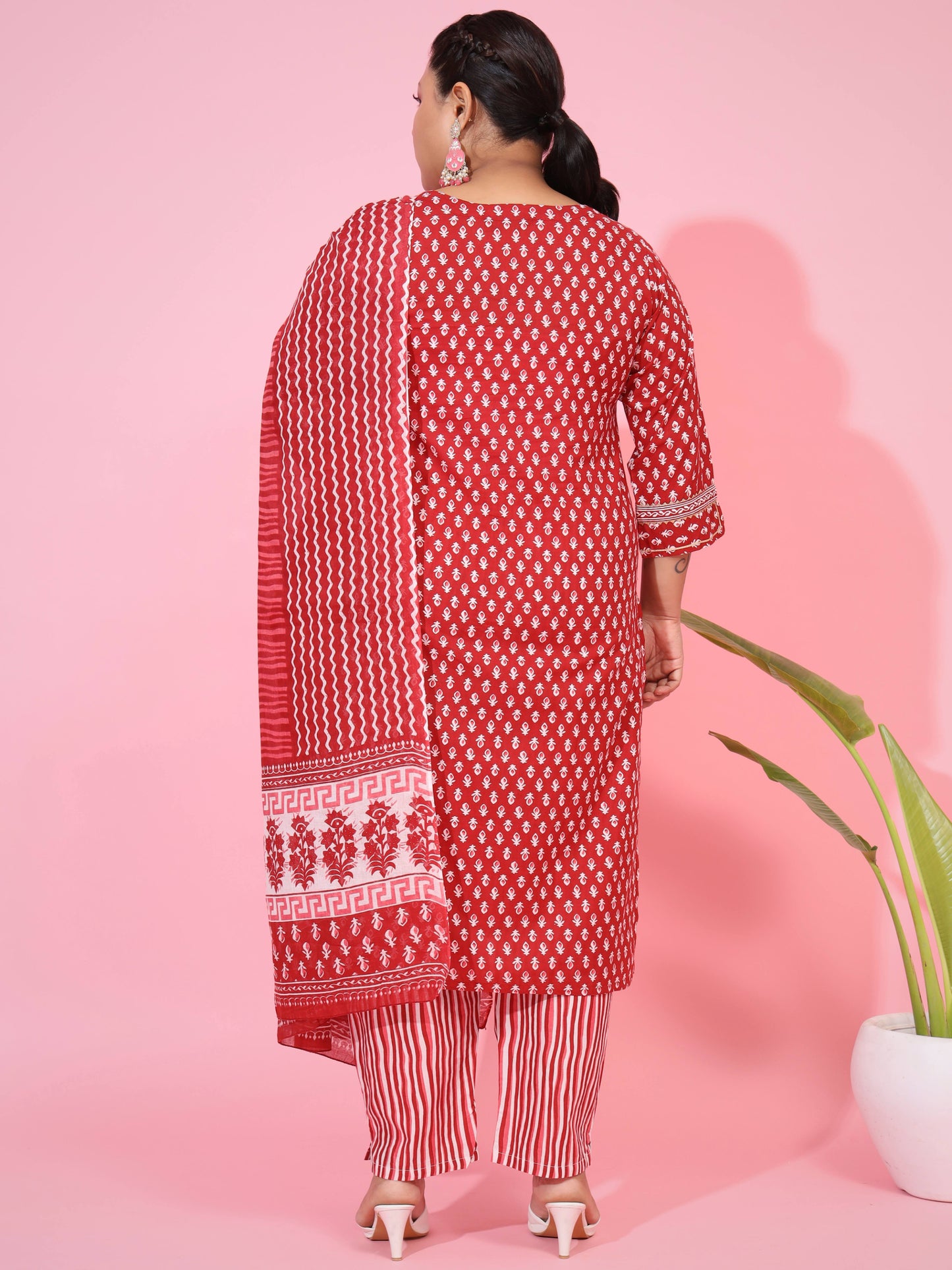 Red Cotton Straight Kurta Set
