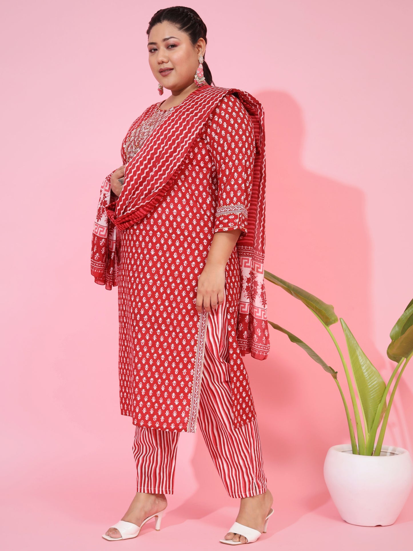 Red Cotton Straight Kurta Set