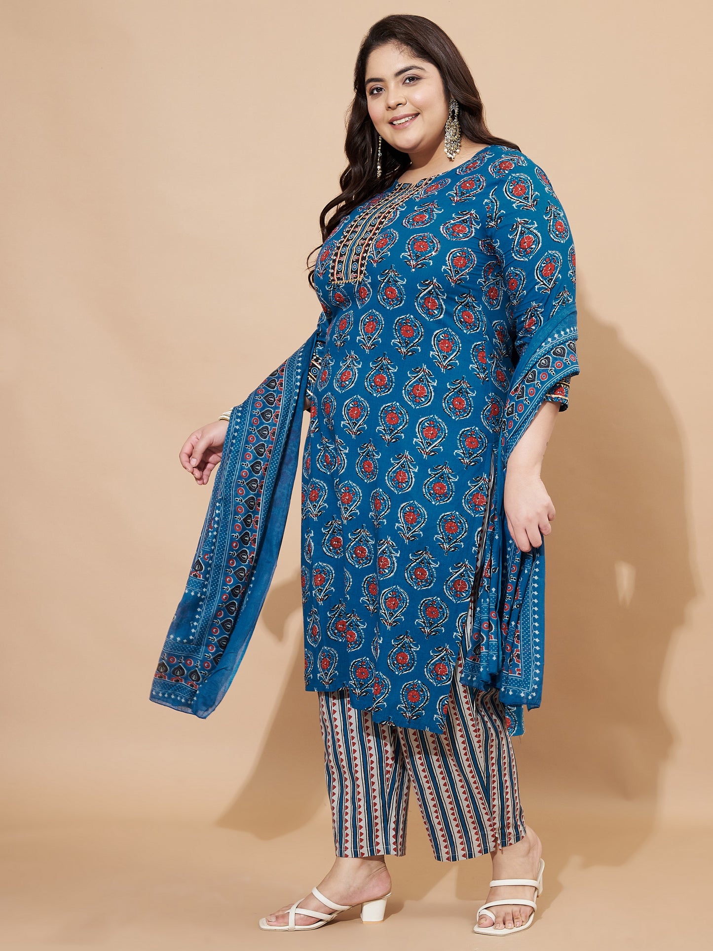 Blue Sequience & Hand Work Cotton Straight Kurta Set