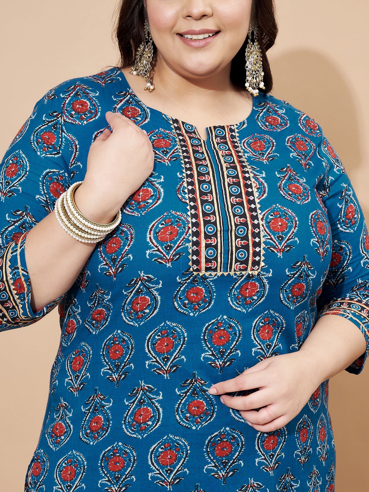 Blue Sequience & Hand Work Cotton Straight Kurta Set