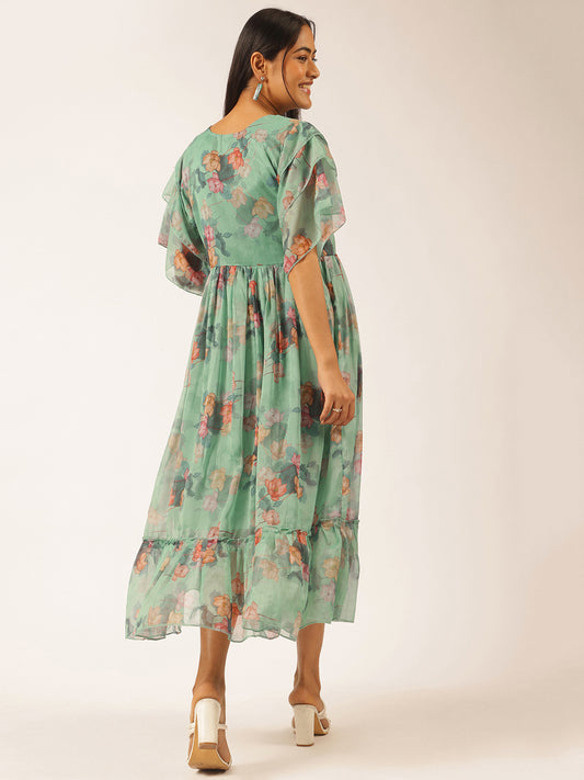 Aqua Green Floral Printed Anarkali Georgette Stitched Dress