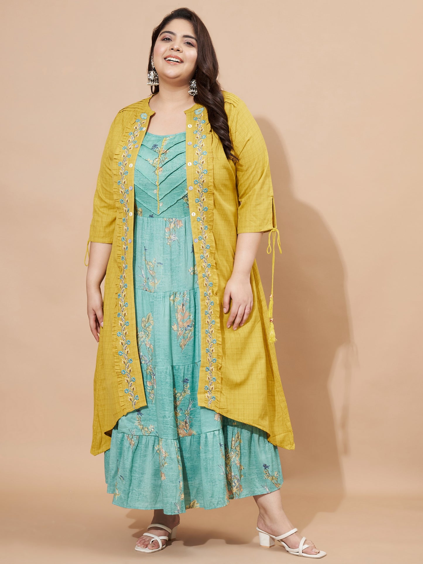 Mustard Printed & Embroidered Viscose Rayon Anarkali Stitched Kurta With Shrug