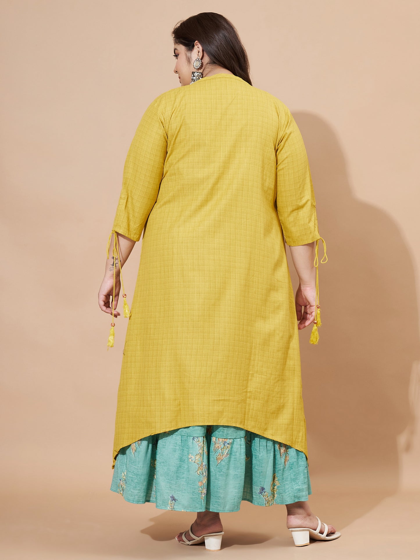 Mustard Printed & Embroidered Viscose Rayon Anarkali Stitched Kurta With Shrug