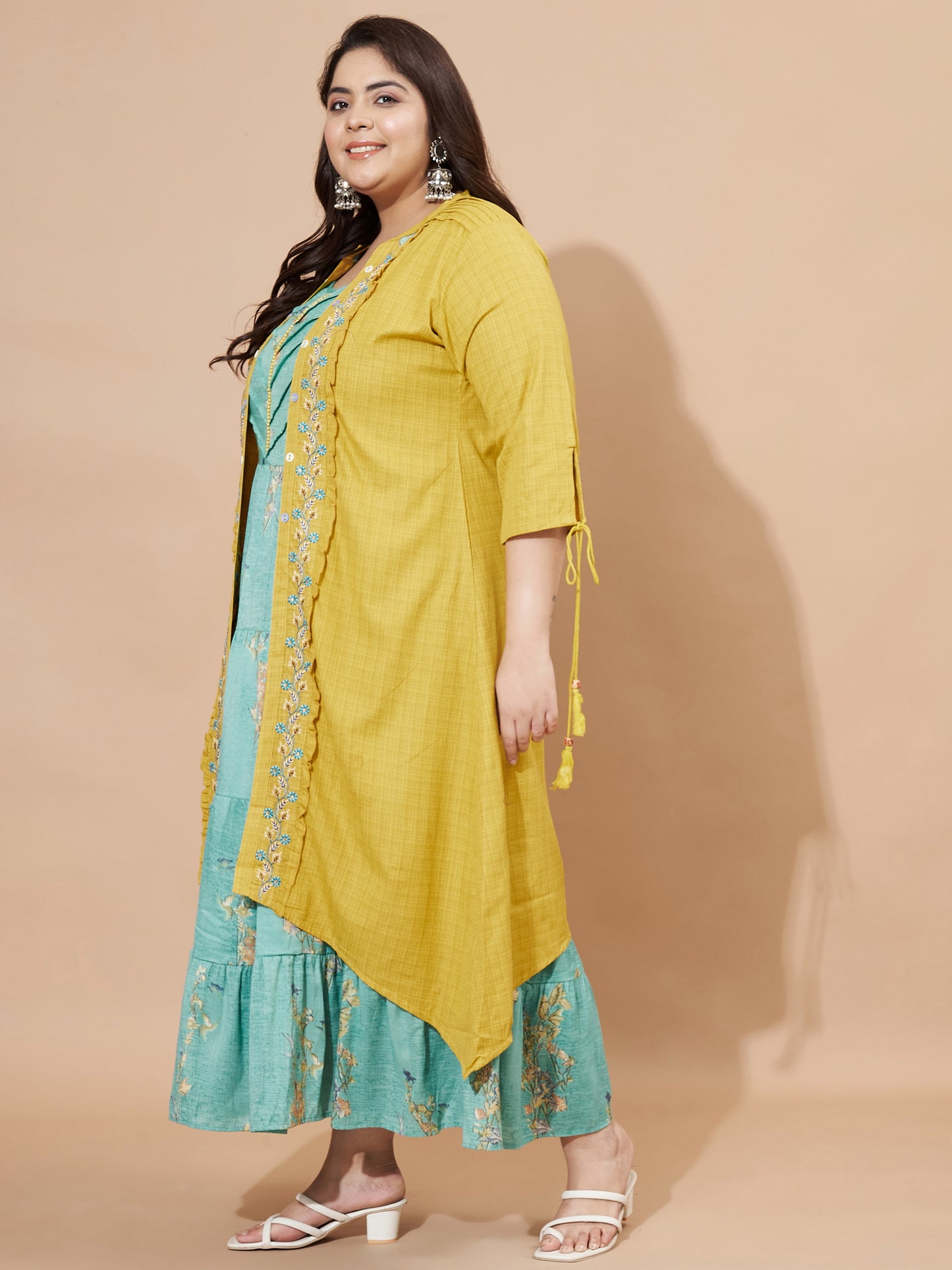 Mustard Printed & Embroidered Viscose Rayon Anarkali Stitched Kurta With Shrug