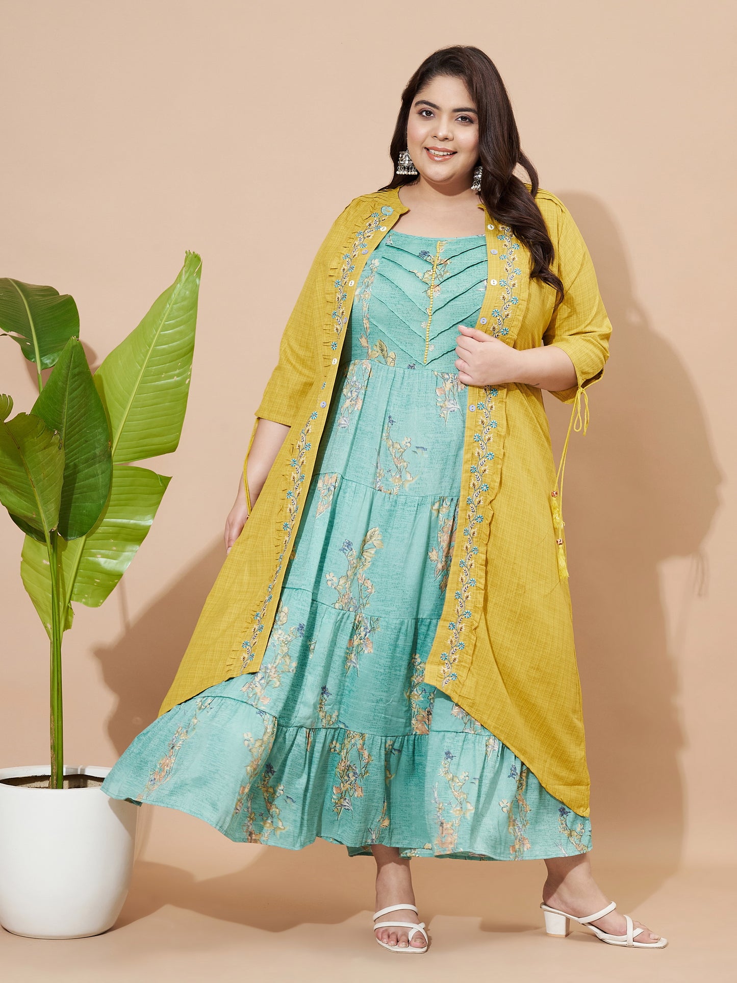 Mustard Printed & Embroidered Viscose Rayon Anarkali Stitched Kurta With Shrug