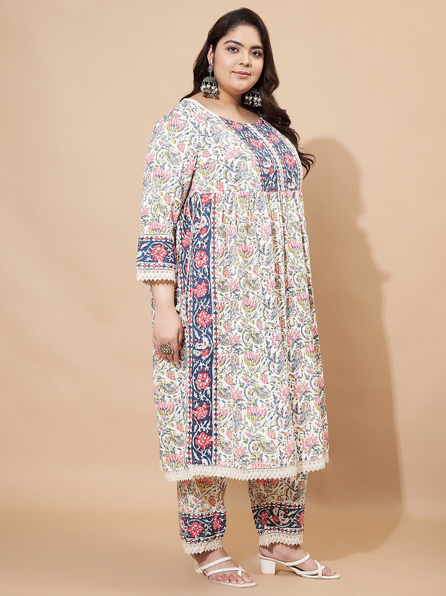 Beige And Blue Floral Printed Straight Cotton Kurta Set
