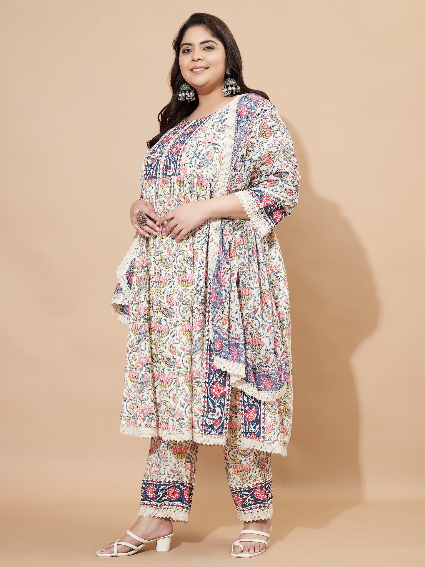Beige And Blue Floral Printed Straight Cotton Kurta Set