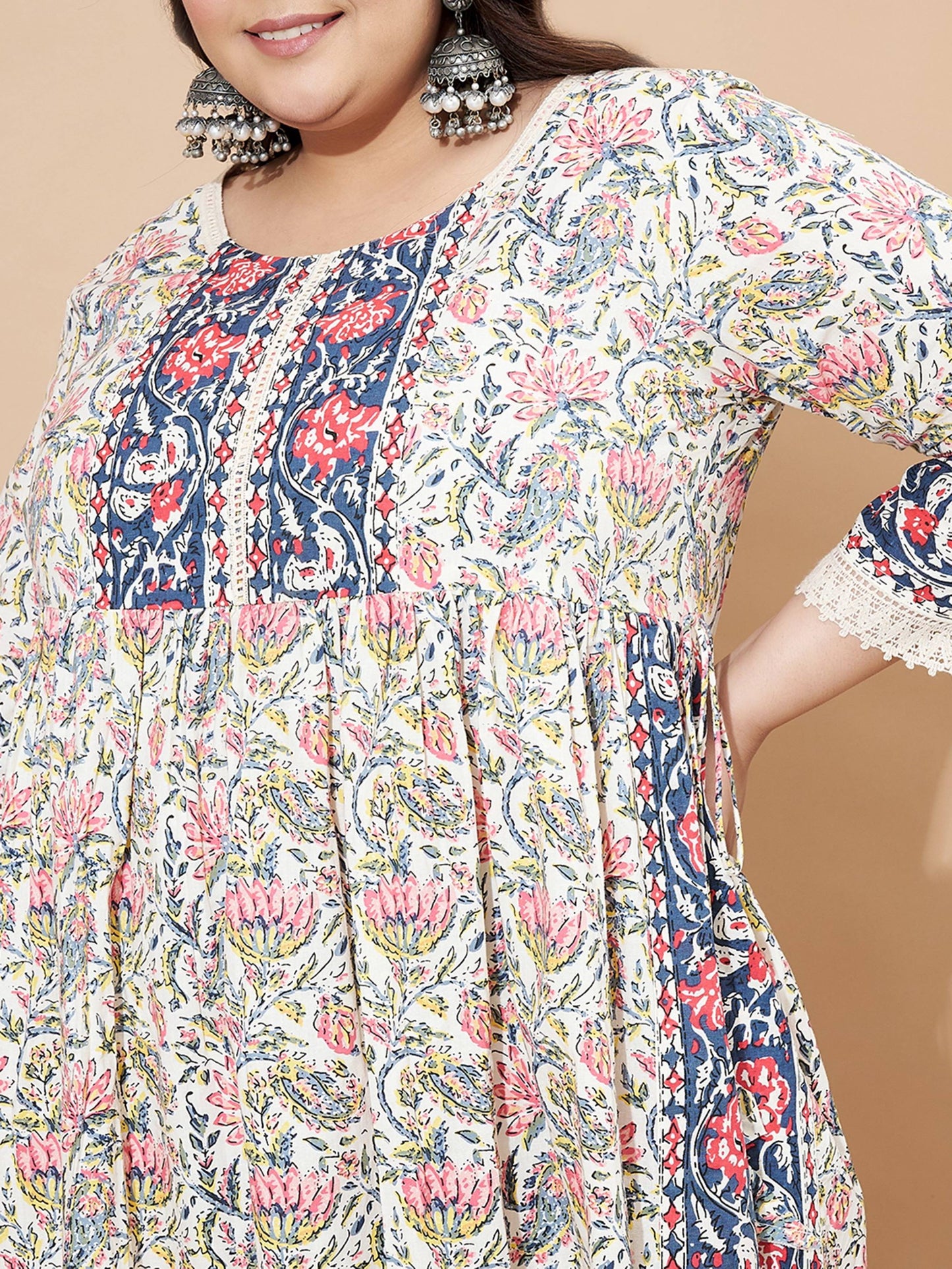 Beige And Blue Floral Printed Straight Cotton Kurta Set