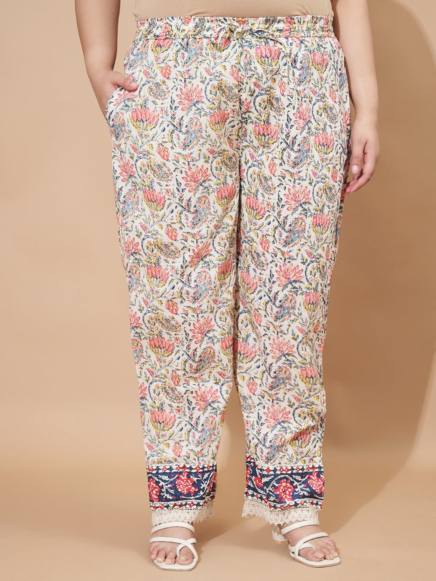 Beige And Blue Floral Printed Straight Cotton Kurta Set