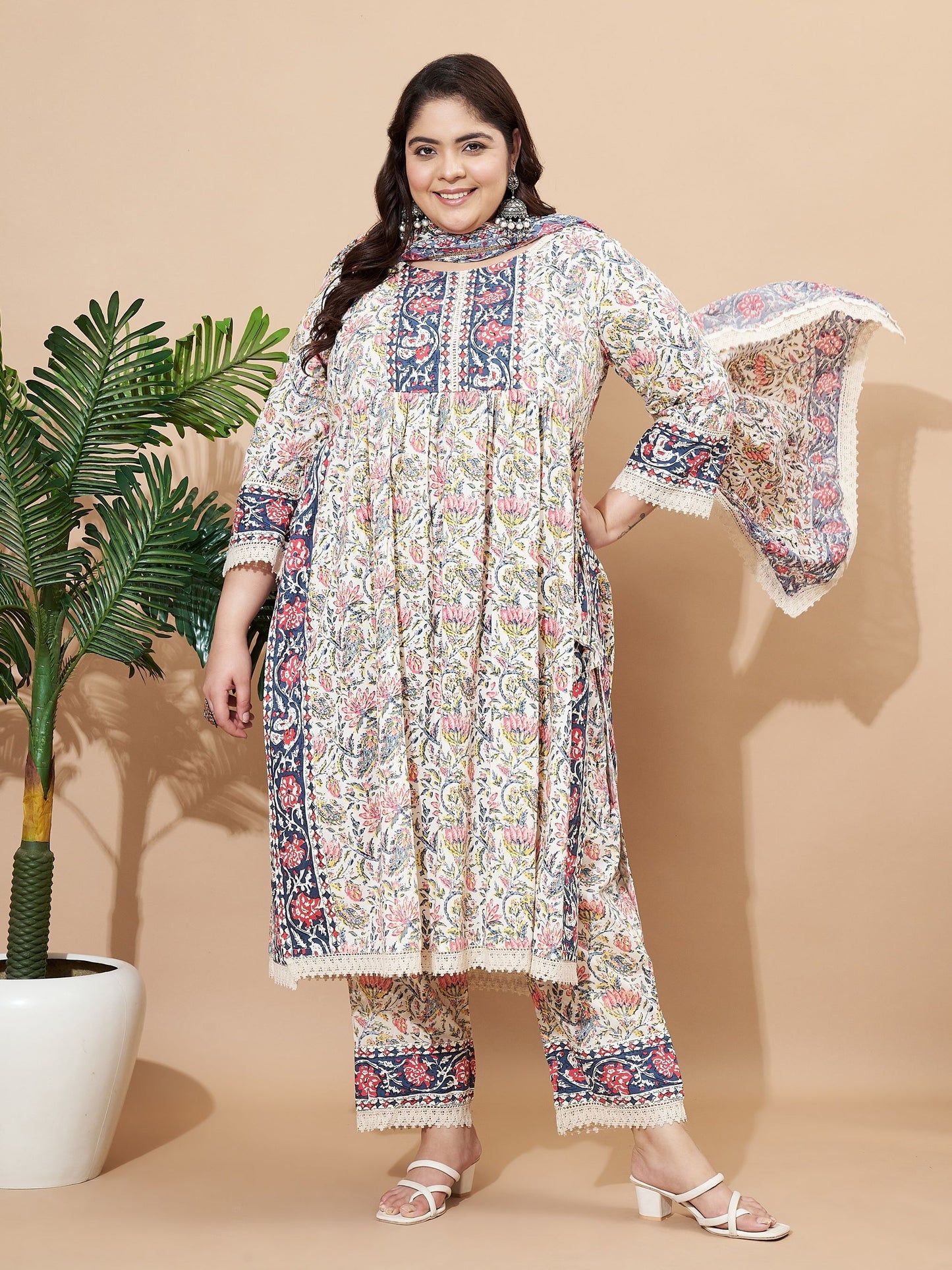 Beige And Blue Floral Printed Straight Cotton Kurta Set