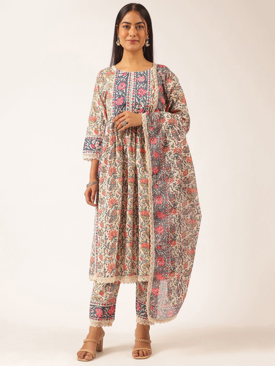 Beige Cotton Floral Printed Straight Kurta Set