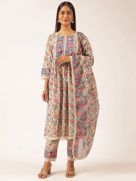 Beige Cotton Floral Printed Straight Kurta Set